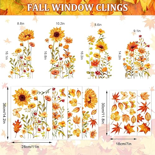 Miniatura 5 de Whaline 6 hojas de calcomanías florales de otoño para ventana, acuarela, hojas de arce, girasoles, calcomanías reutilizables de doble cara para
