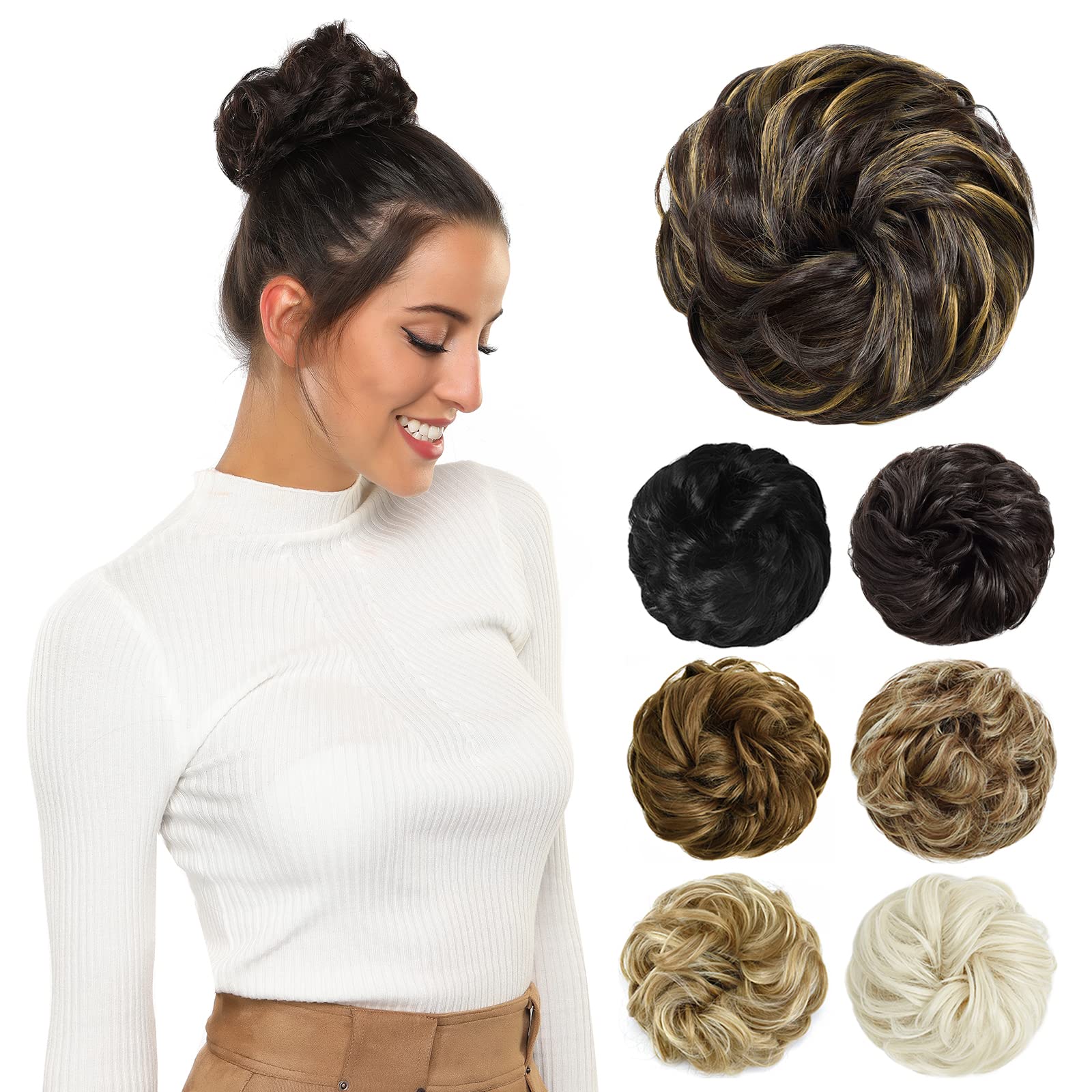 PARXITN Dutt Haarteil mit Gummiband Gelockt für Messy Bun Pferdeschwanz Haarverlängerung als Haargummi mit Haaren für Hochsteckfrisuren Damen 45g Mittel-Aschbraun gemischt mit Sandbraun