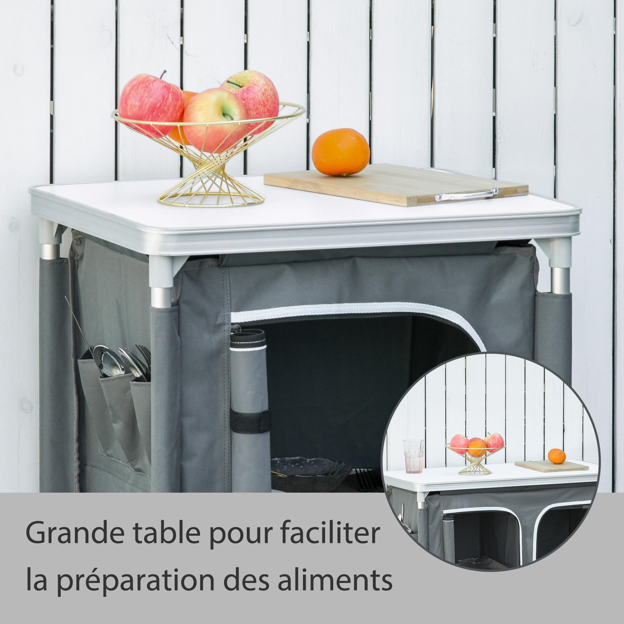 Outsunny Armario de cocina para camping plegable con 2 estantes y bolsa de transporte, aluminio y tela Oxford, 60 x 49 x 70 cm, color gris