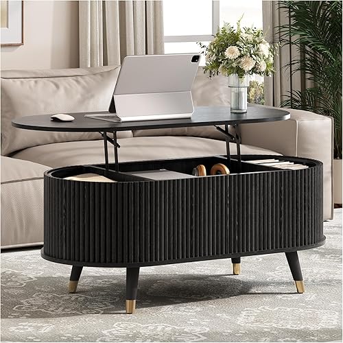 Miniatura 9 de SULIVES Mesa de centro redonda con almacenamiento, mesa de centro moderna de mediados de siglo con puerta corredera, mesa central acanalada con