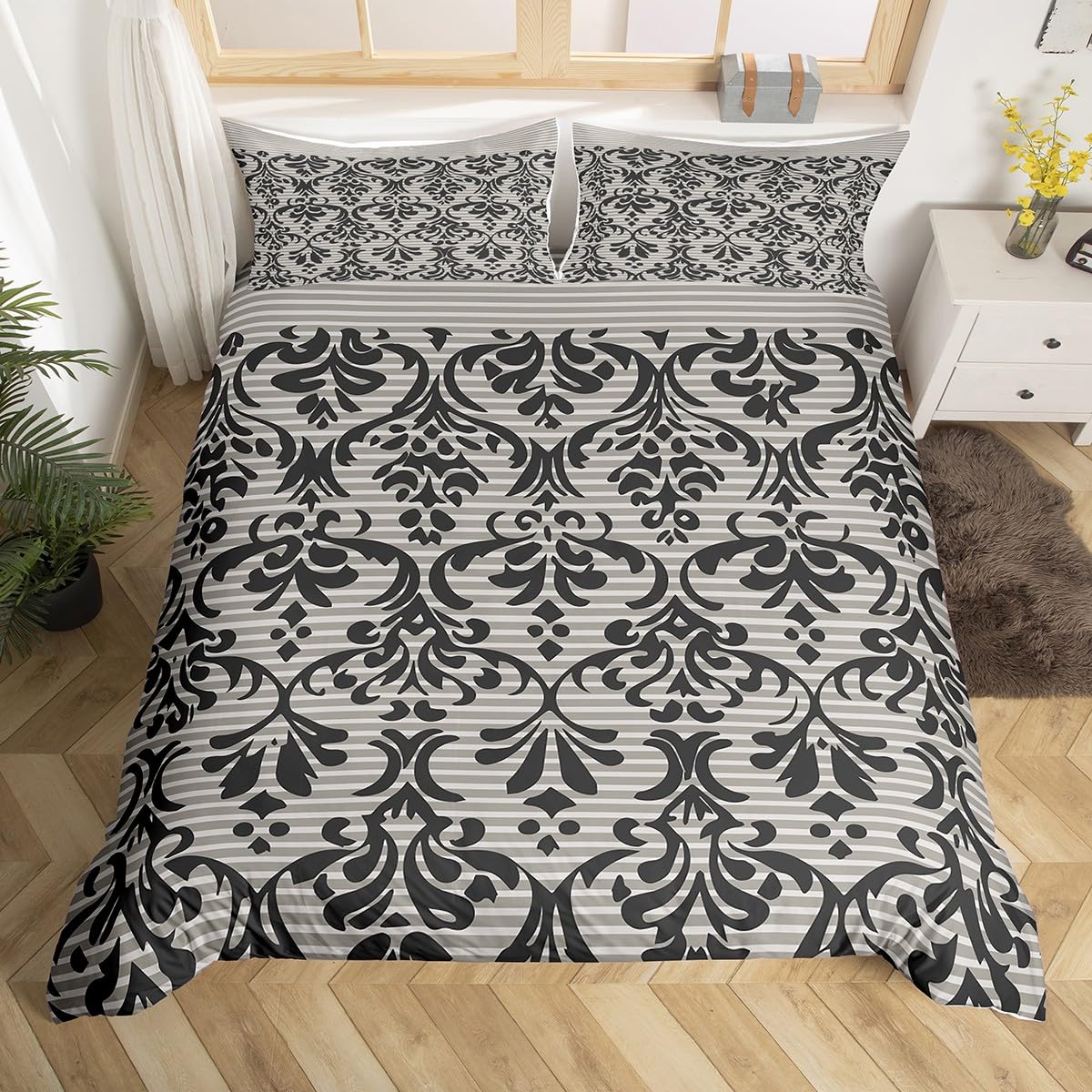 Loussiesd Damask Floral Duvet Cover King Size Boys Girls Vintage Jacquard Bedding Set Breathable Soft Black Gray Comforter Cover 3Pcs Stripe Bedroom Decor Microfiber Zipper Closure