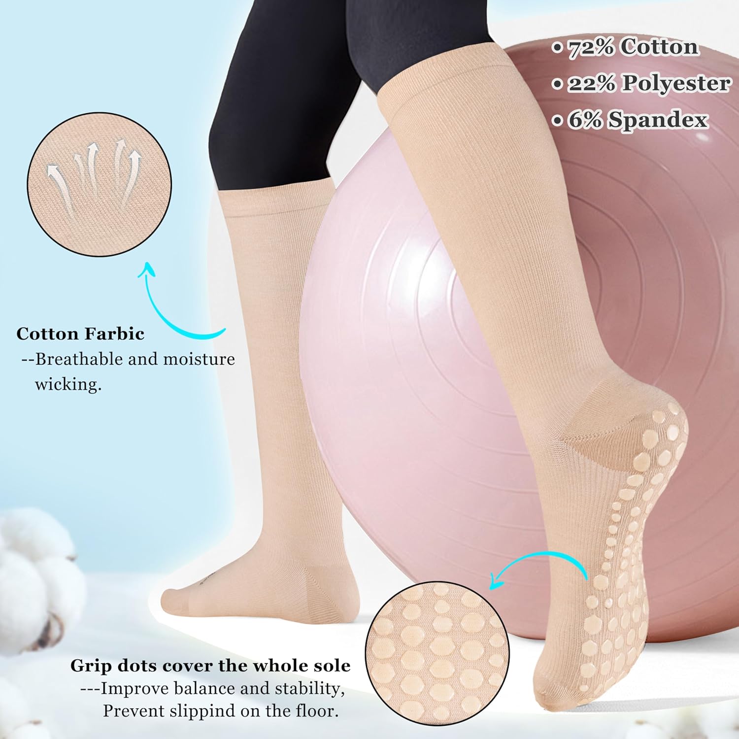 Cotton Compression Socks Women&Men with Grips Non Slip 15-20mmHg Knee High Graduated Sock for Nurse, Pregnancy, Yoga - Image 2
