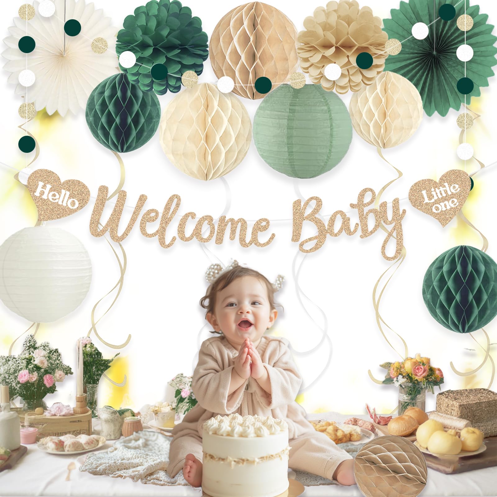 Sage Green Baby Shower Decorations Boy, Pre-Strung Welcome Baby Sign with Honeycomb Balls, Paper Flowers, Lanterns, Fans, Hanging Swirls, Circle Dots Garland for Boy Baby Shower Decorations 24pcs