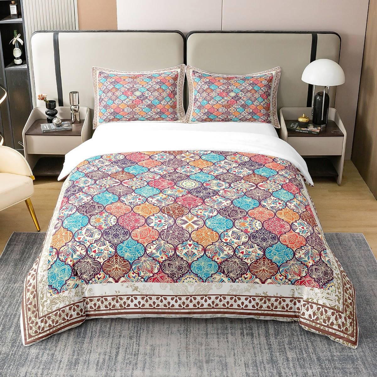 Parure de lit 100% coton de qualité supérieure au design marocain chic pour lit 155x220 cm