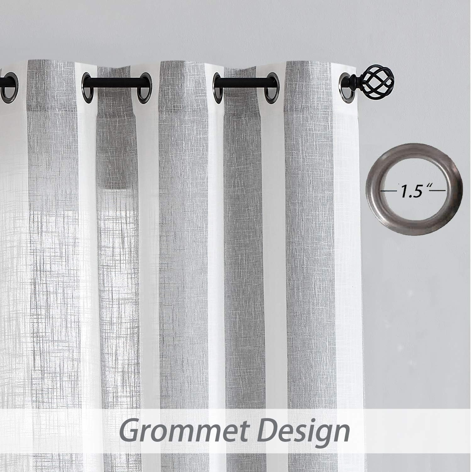 Central Park Gray White Stripe Farmhouse Curtains Semi-Sheer Rayon Blend Heavy Linen Texture Window Curtain Panel 6 Grommets Treatment for Living Room/Bedroom, Set of 2, 44" x 108" Each