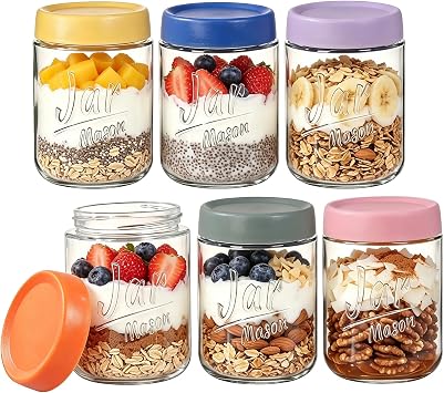 6 Pack Wide Mouth Mason Jars with Airtight Lids,Overnight Oats Containers 16oz with Lids,Glass Storage Containers for Fruit, Overnight Oats, Salad Dressing, Sauce, Cereal, Yogurt, Snacks Jar
