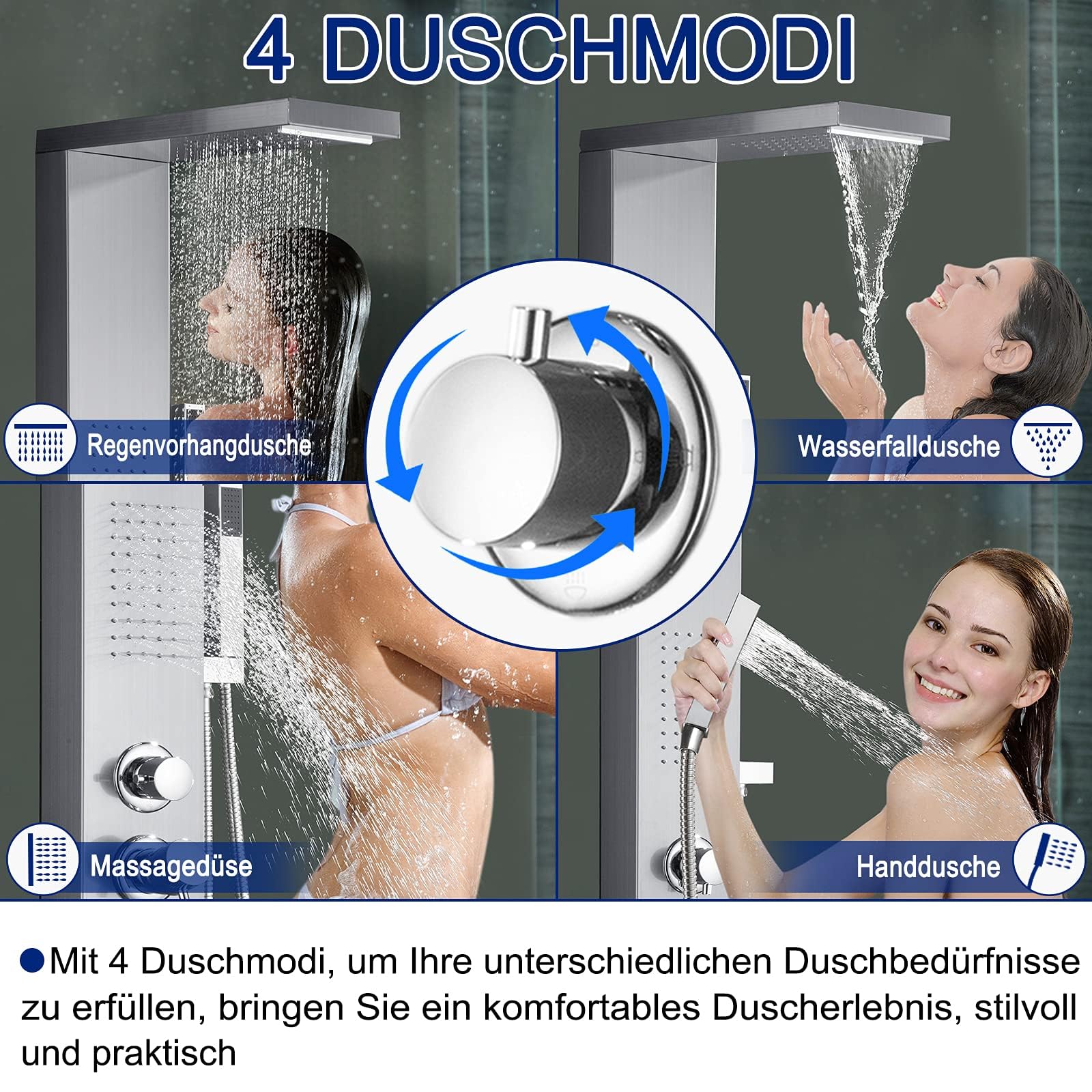 LZQ Pannello doccia a pioggia 304 in acciaio inox 304, asta doccia regolabile in altezza, 4 in 1 con termostato, sistema di pannello doccia argento