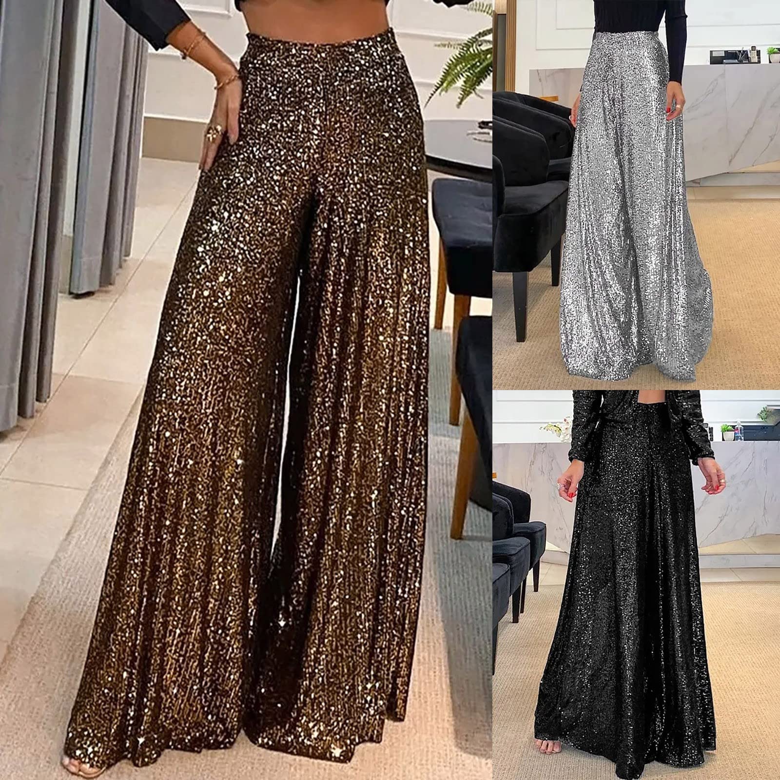 Pantalon à paillettes pour femme - Noir - Pantalon large avec paillettes - Costume des années 70 et 80 - Costume de fête à thème - Tenue disco rave - Clubwear - Taille haute - Pantalon