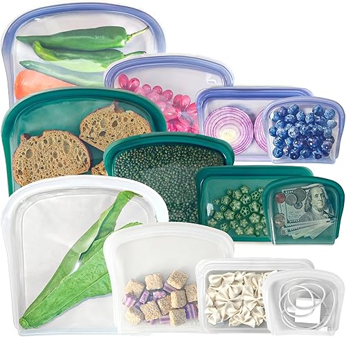 KVK Bolsas de silicona reutilizables de platino  Paquete de 4 bolsas planas de silicona para aperitivos  Bolsas de almacenamiento de alimentos de