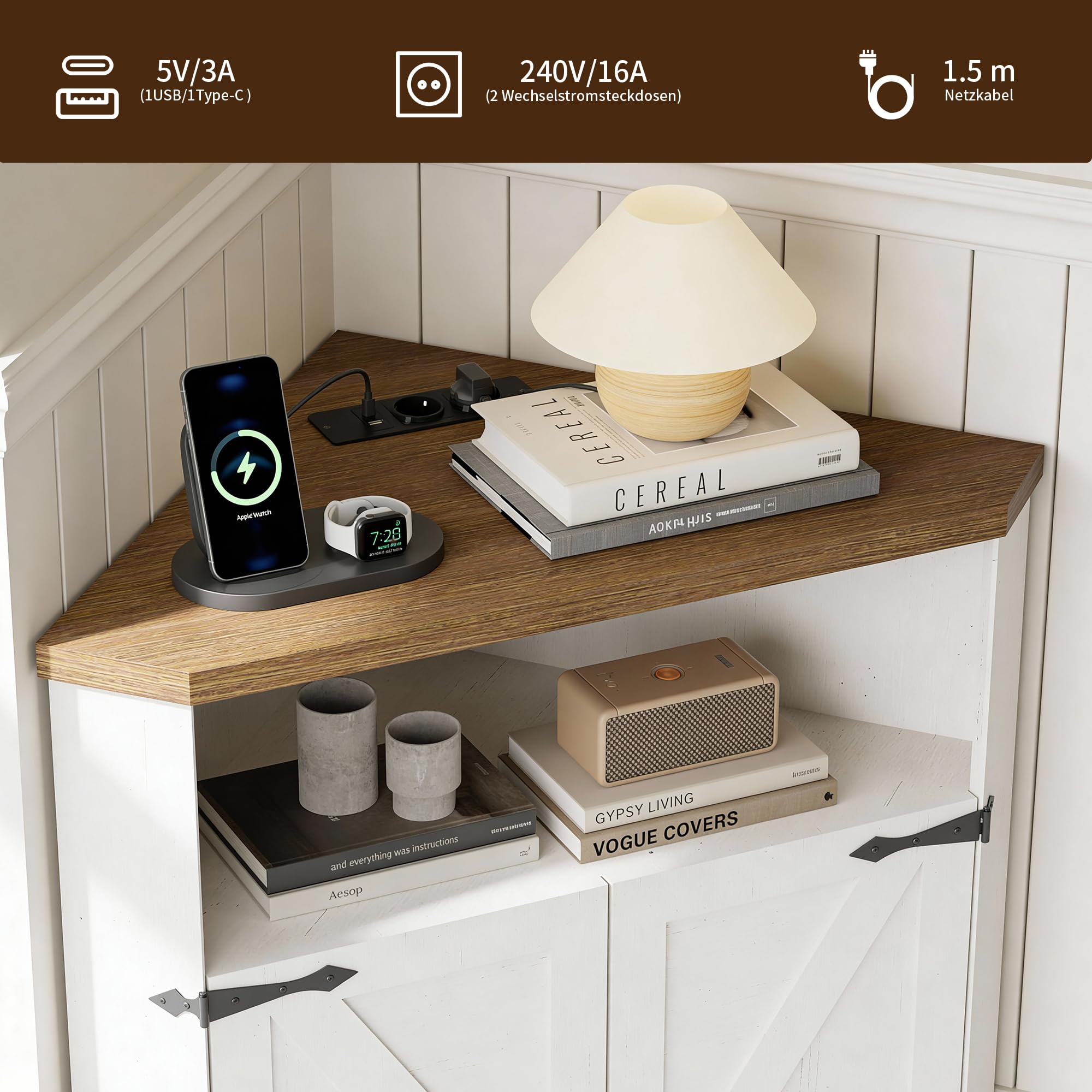 BonVache Eckschrank mit verstellbaren Fächern und offenem Stauraum, Schrank mit Steckdose, geeignet als Aufbewahrungsschrank für Wohnzimmer, Flur und Badezimmer, Weiß