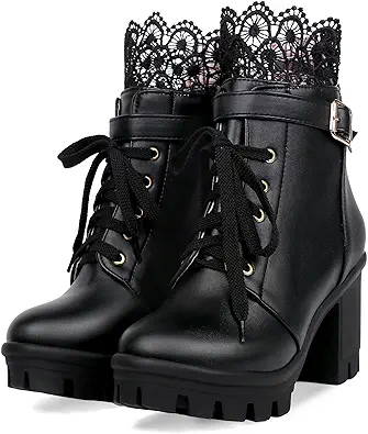BEAUPAS Women's Chunky Platform High Heel Boots Lace Up Gothic Ankle Booties Block Heel Buckle Punk Shoes