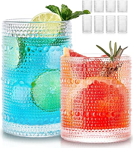 Hobnail - Juego de 8 vasos de vidrio transparente de 15 onzas y 4 vasos de cóctel de 12 onzas, juego de cristalería vintage en relieve para whisky,