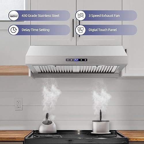 Miniatura 6 de FIREGAS Campana extractora debajo del gabinete de 30 pulgadas, campana de cocina de acero inoxidable de 900 CFM con doble motor, pantalla táctil,