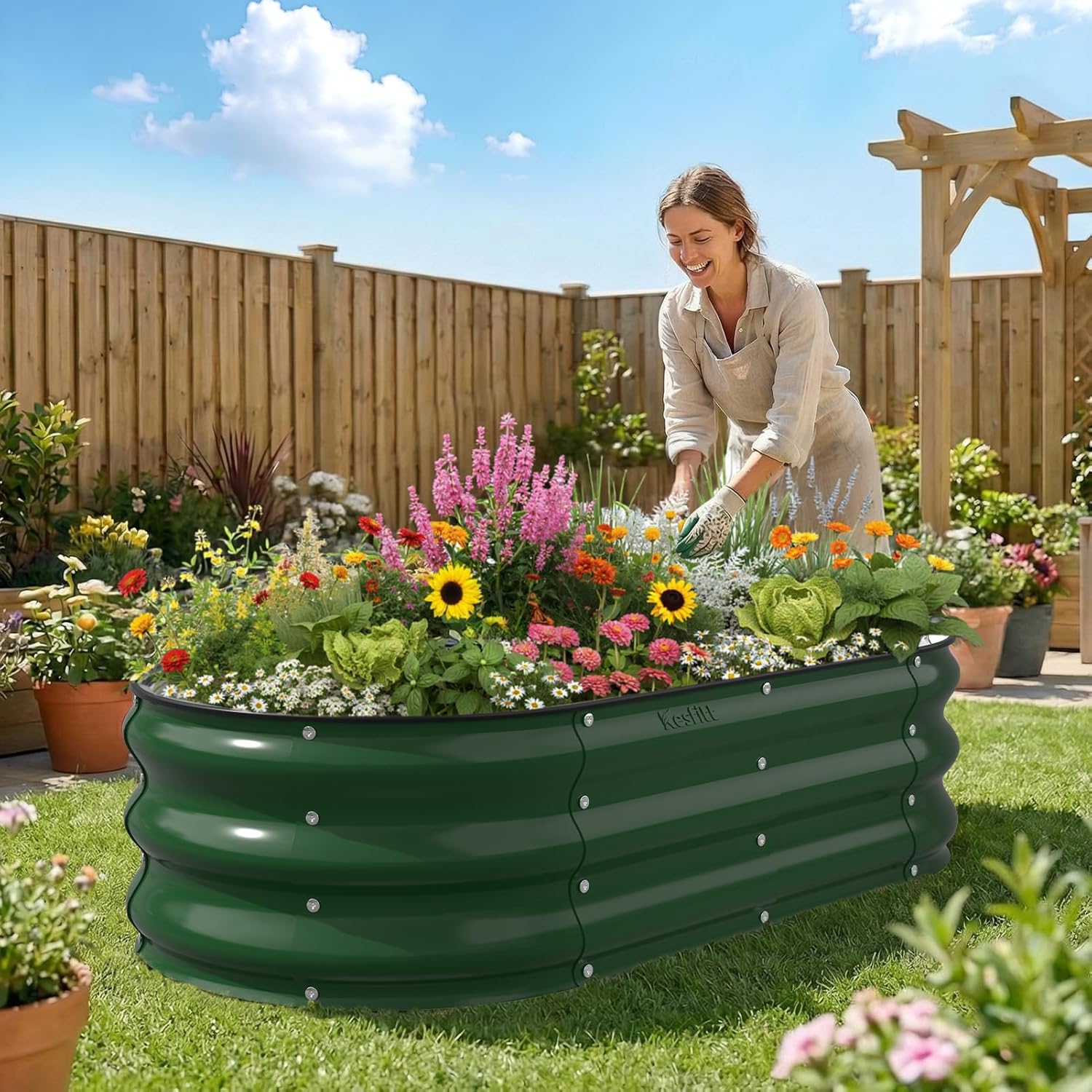 Kesfitt Raised Garden Bed, 4x2x1 FT Galvanized Steel Metal Raised Garden Bed, Oval Open-Bottom Design, 12-Inch Deep for Outdoor Vegetable & Herb Gardening,Forest Green + Blushing Pink