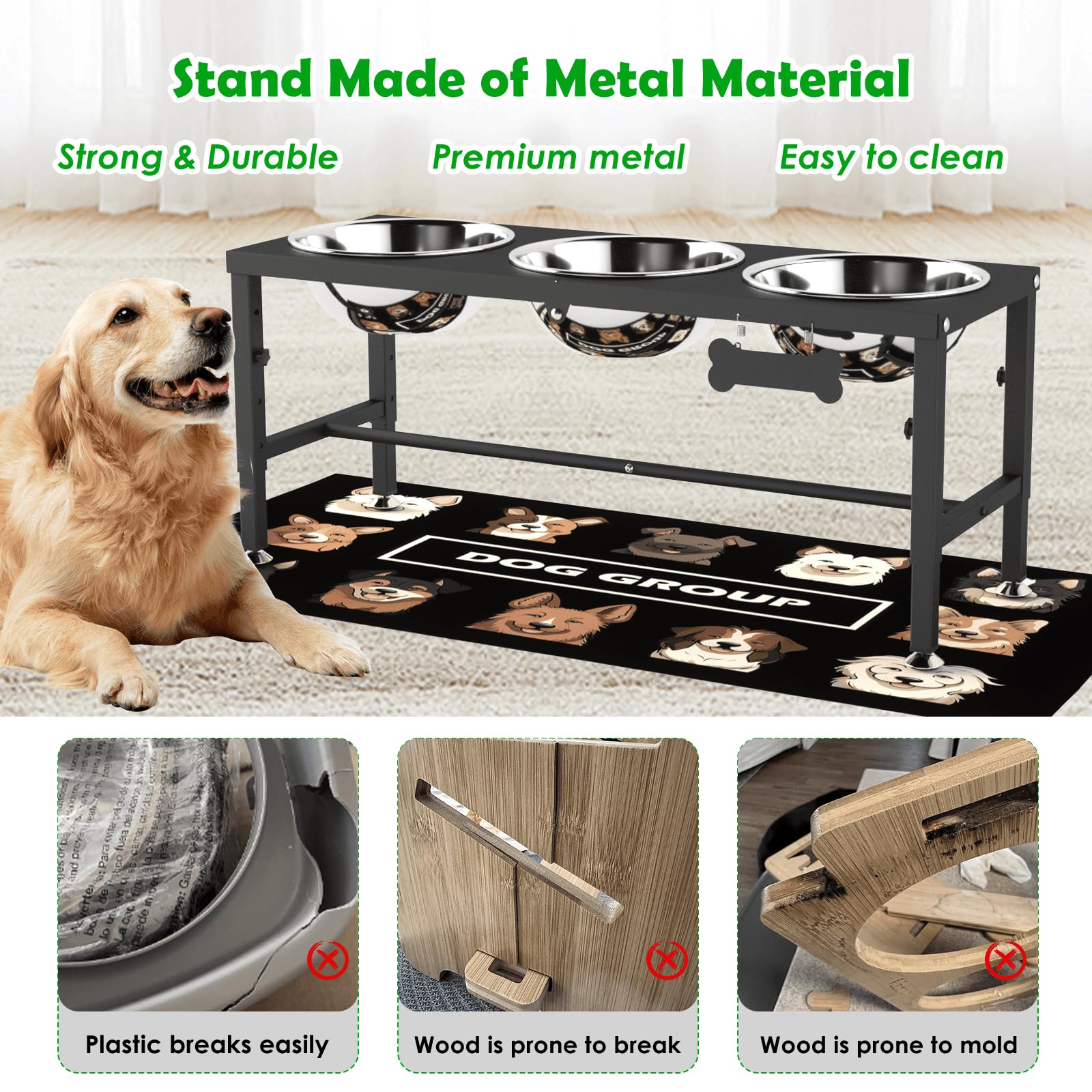 SHAINFUN Soporte elevado para cuencos para perros grandes y perros extragrandes con 3 cuencos de 101 onzas, 4 comederos elevados de altura ajustable con alfombrilla antiderrames, estación de alimentos