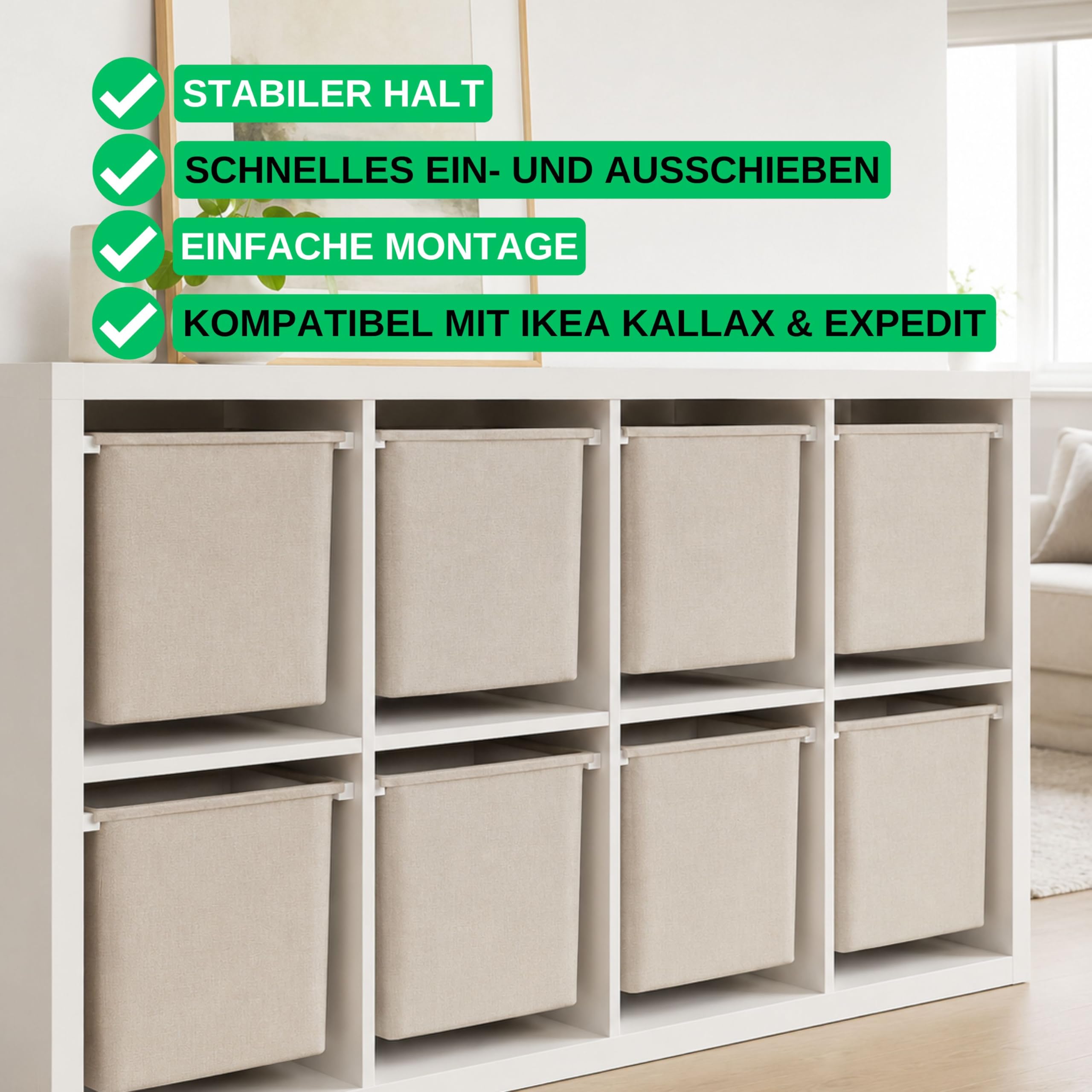Halteschienen für Regale, kompatibel mit IKEA Kallax, Expedit und Trofast, 4 Stück, in Weiß, aus Kunststoff, zum Kleben oder Schrauben, Schienen System für Boxen Aufbewahrung, Halterung Kiste Einschub Küche, Haushalt
