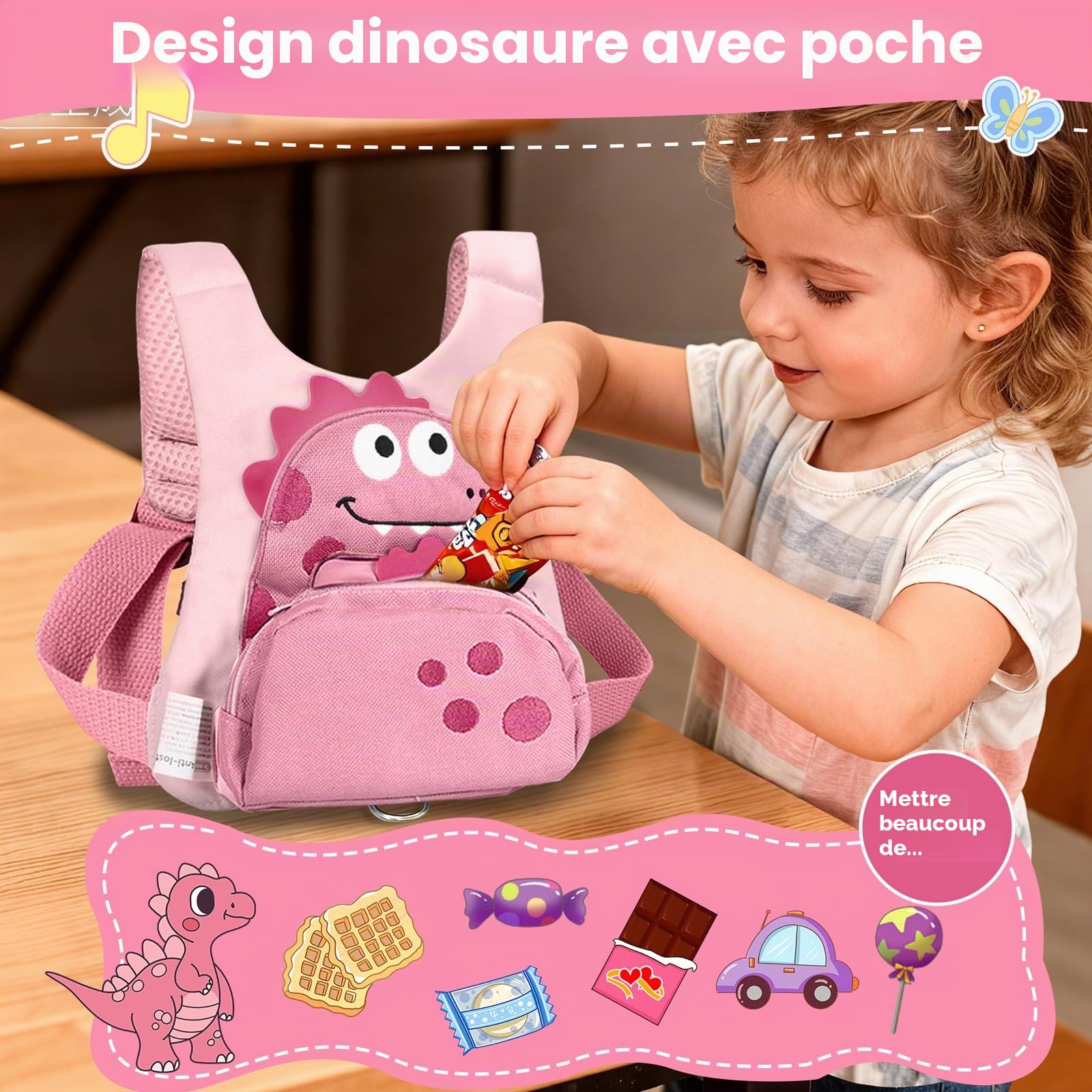 Dr.meter Laisse pour Enfant, 3 en 1 Sac à Dos Anti-Perte avec Laisse Rotative à 360° de 1,2M Rose Dinosaure Mignon avec Serrure, Equipement de Sécurité pour L'extérieur