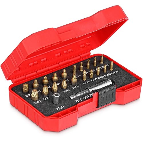 Juego extractor de tornillos de titanio para tornillos pelados, rotos y dañados - 22 piezas, plata y oro - Kit removedor con brocas, extractores,