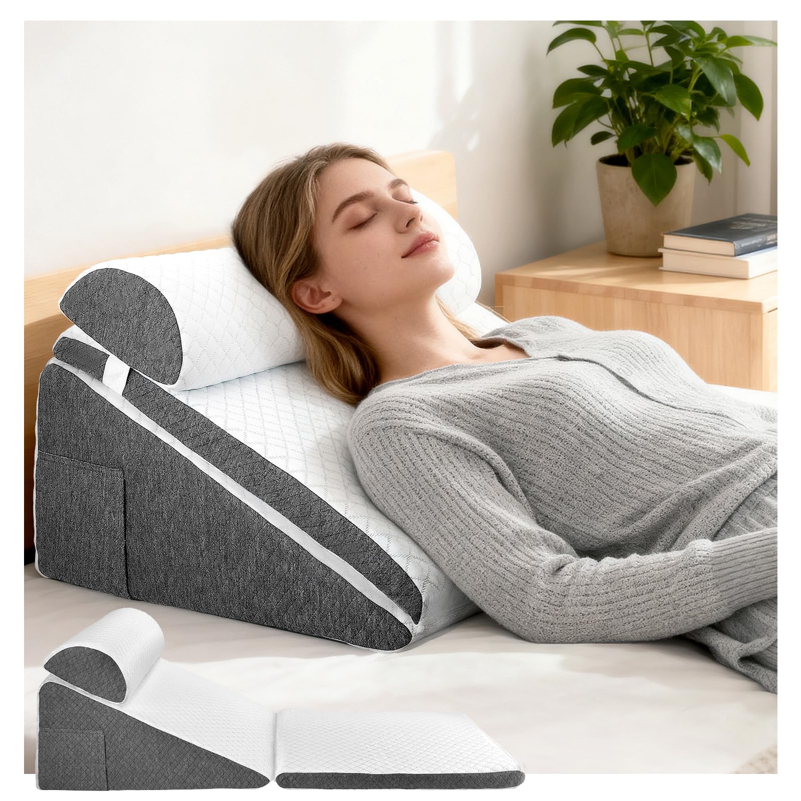 Cuscino a cuneo regolabile 3 in 1, per letto e divano, in schiuma ad alta densità, in memory foam, cuscino ortopedico, per apnea del sonno, per le gambe, per giocare, leggere o guardare la TV