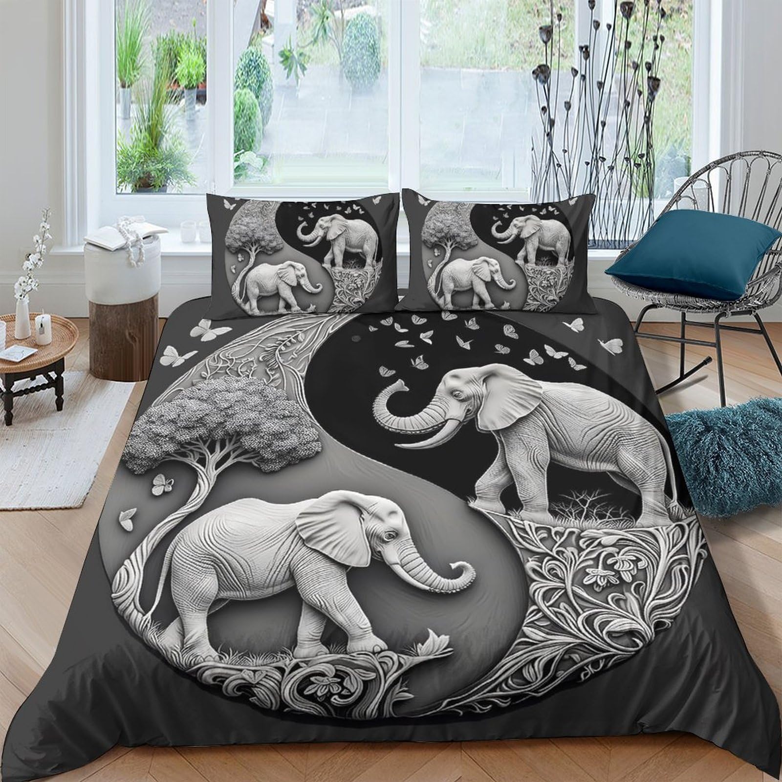 Ctjqhvkz Style-6 3D Printed Yin Yang Elephant Fitted Sheet Microfiber Soft Black White Bed Cover For Bedroom Dorm Mattress Protector Single（135X200cm）