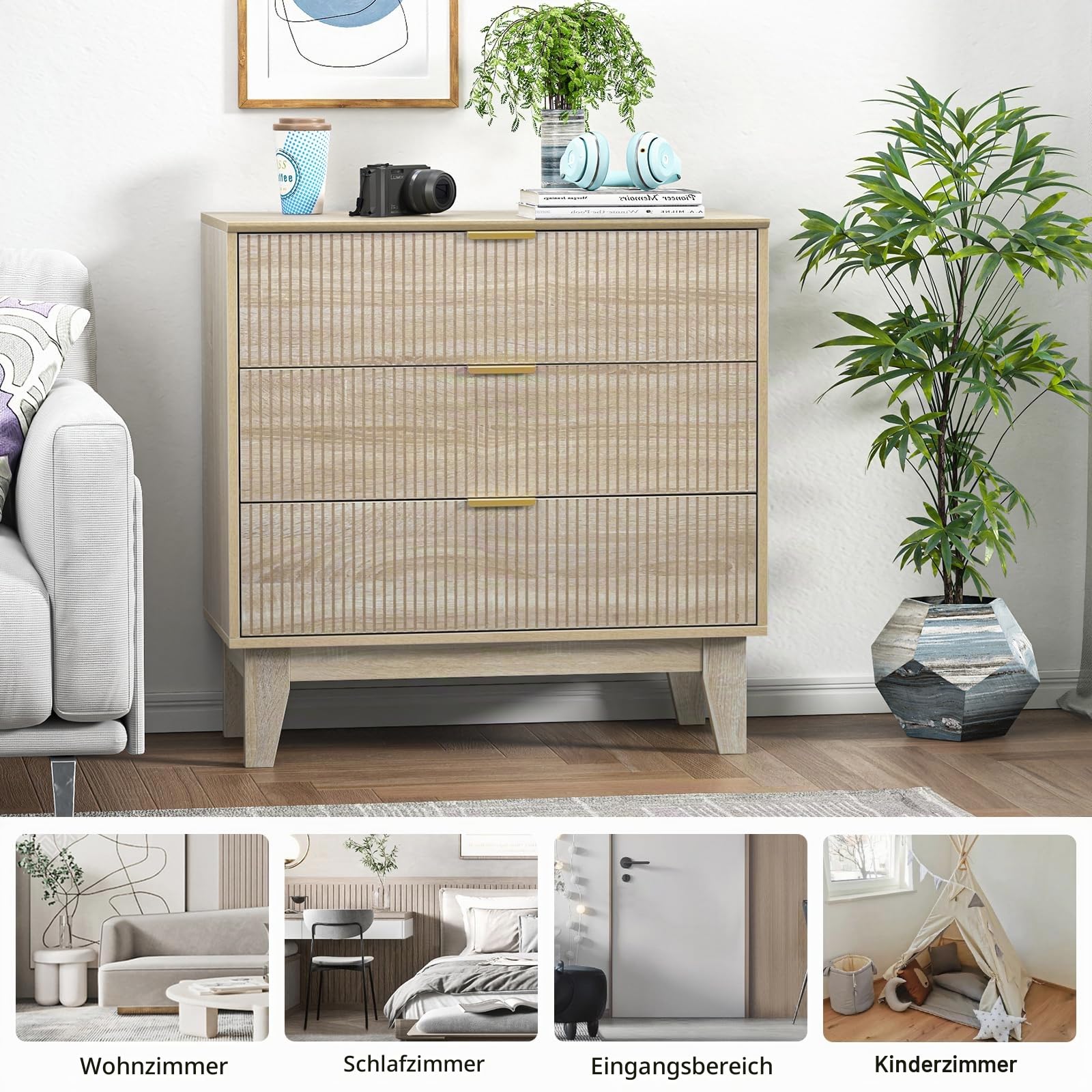 Kommode, Sideboard mit 3 Schubladen Moderner Schubladenschrank Komodenschrank in natürlicher Holzoptik,80x40x80.5cm aus MDF und Metall für Schlafzimmer, Wohnzimmer, Flur Möbel