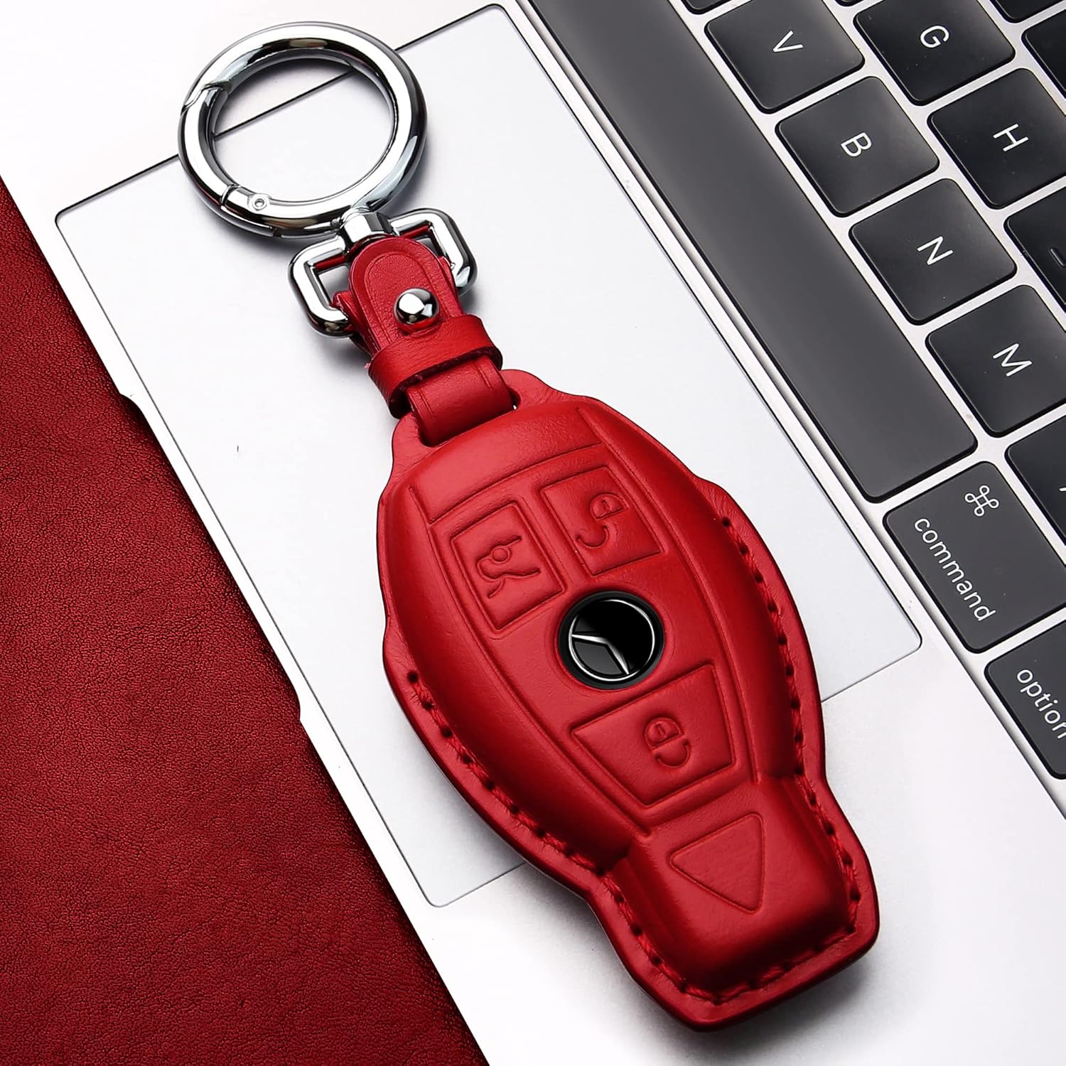 Tukellen for Mercedes Benz key fob cover Genuine Leather with Keychain,Leather key case Protector Compatible C E M S CLS CLK GLK GLC G AMG Series Smart Remote Key,Red