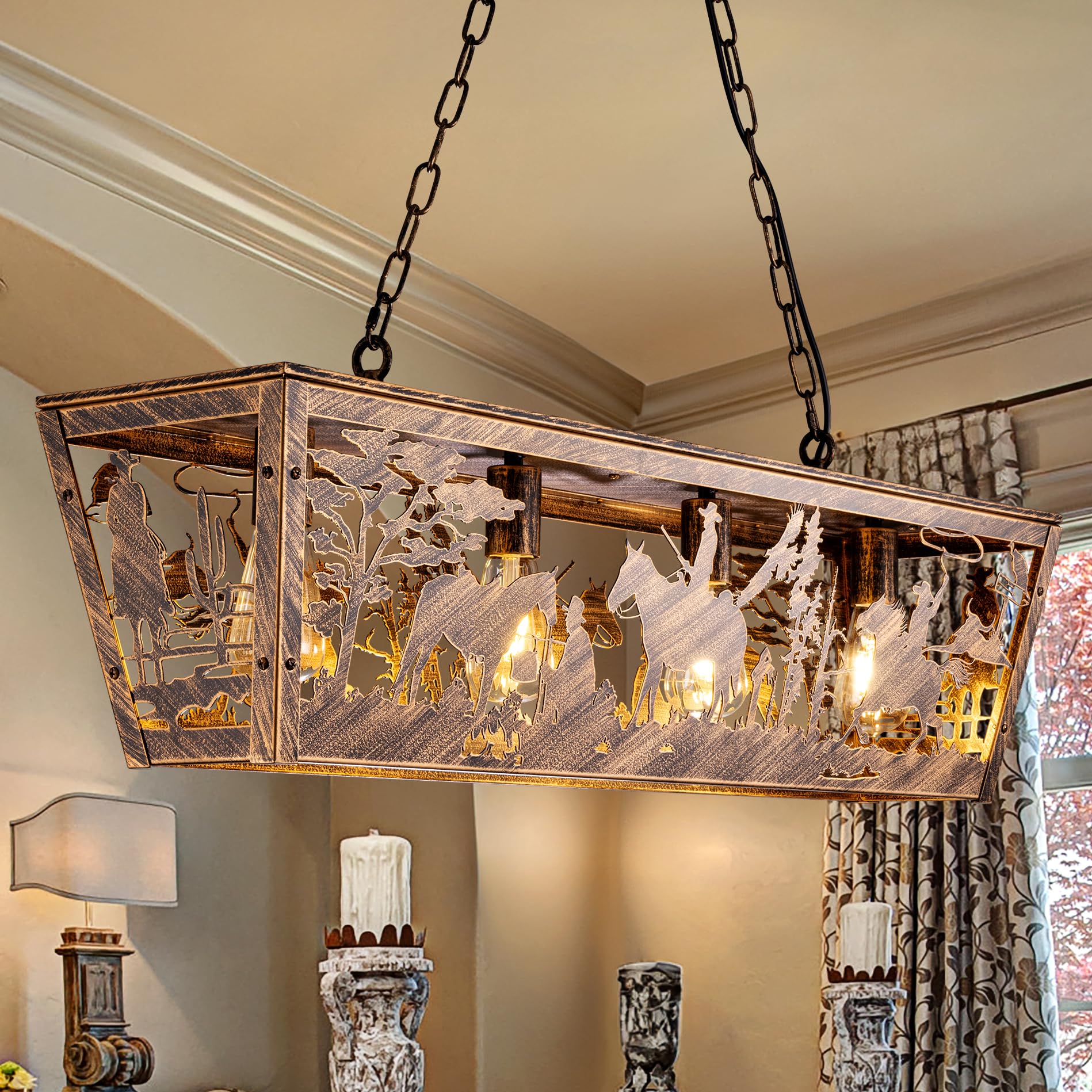 Wrought Iron Pendant Light – Rustic Art Hanging Lantern With Adjustable Chain, Ceiling Fixture For Kitchen Island, Living Room, & Indoor Spaces