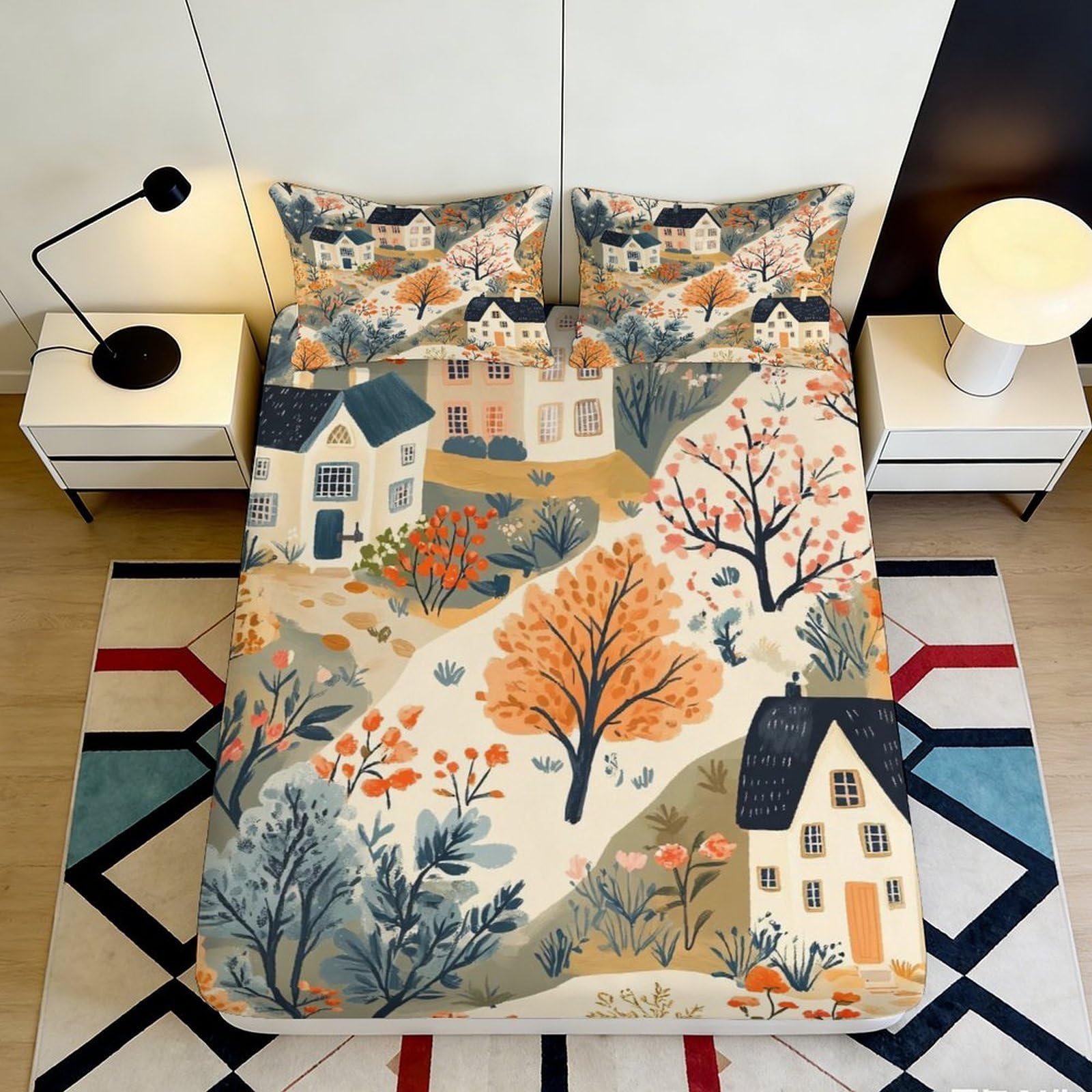 3D Printed Autumn Village Fitted Sheet Microfiber Soft Durable Cozy 3D Printed Forest Path Bed Cover for Bedroom Dormitory Guest Room Mattress Protection 200x200x25cm