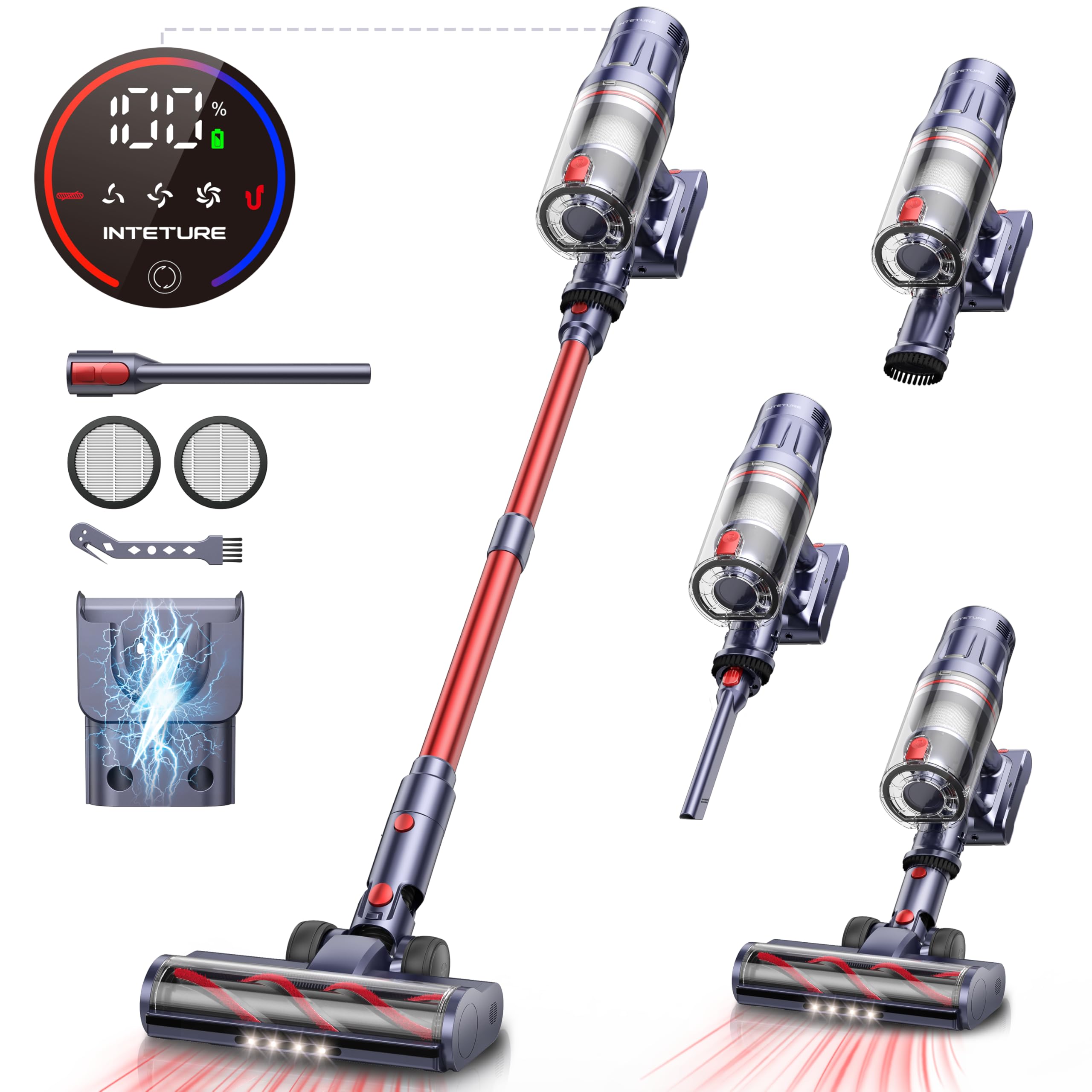 INTETURE Cordless Vacuum Cleaner 50000Pa/600W/65 Min, Cordless Vacuum Cleaner with Storage Function, Wall Bracket with Integrated Charging Station, Super Quiet Battery Vacuum Cleaner for Hard Floors