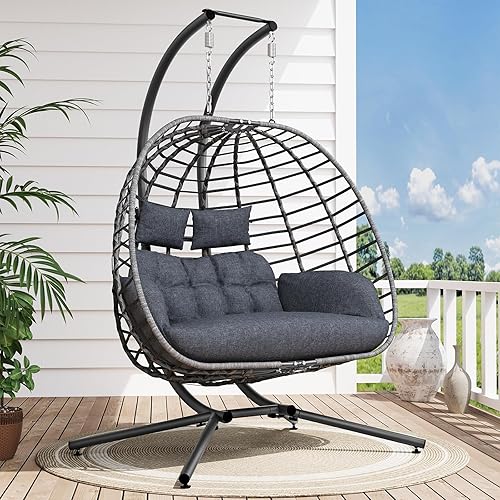 Miniatura 5 de SWITTE Silla columpio doble con soporte para patio al aire libre para 2 personas, hamaca de mimbre colgante con cojín para dormitorio interior,