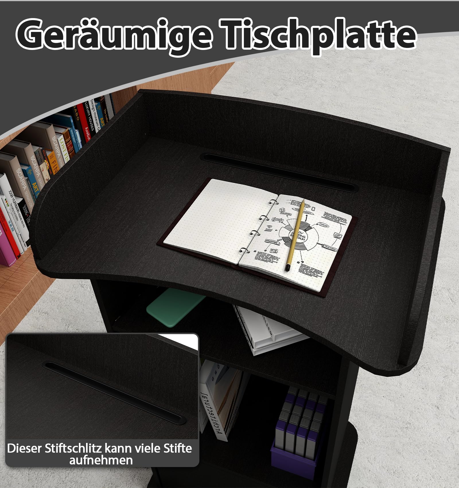 Stehpult Podiumständer, Rednerpult mit Doppellagiges Ablagefach und Bremsrad für Klassenzimmer, Hörsaal, Kirche, Seminar Schwarz