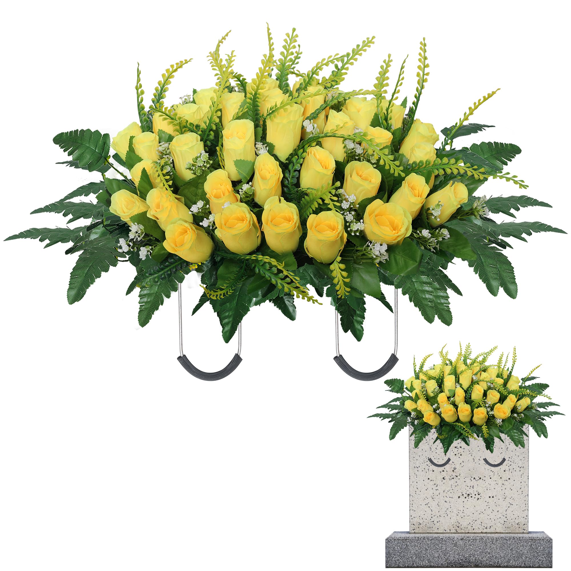 Cemetery Headstone Flower Saddle,Tombstone Flower,Outdoor Grave Saddle Headstone Decorations,Cemetery Memorial Flowers for Outdoor Gravesite Tombstone Decorations (Yellow) image 6