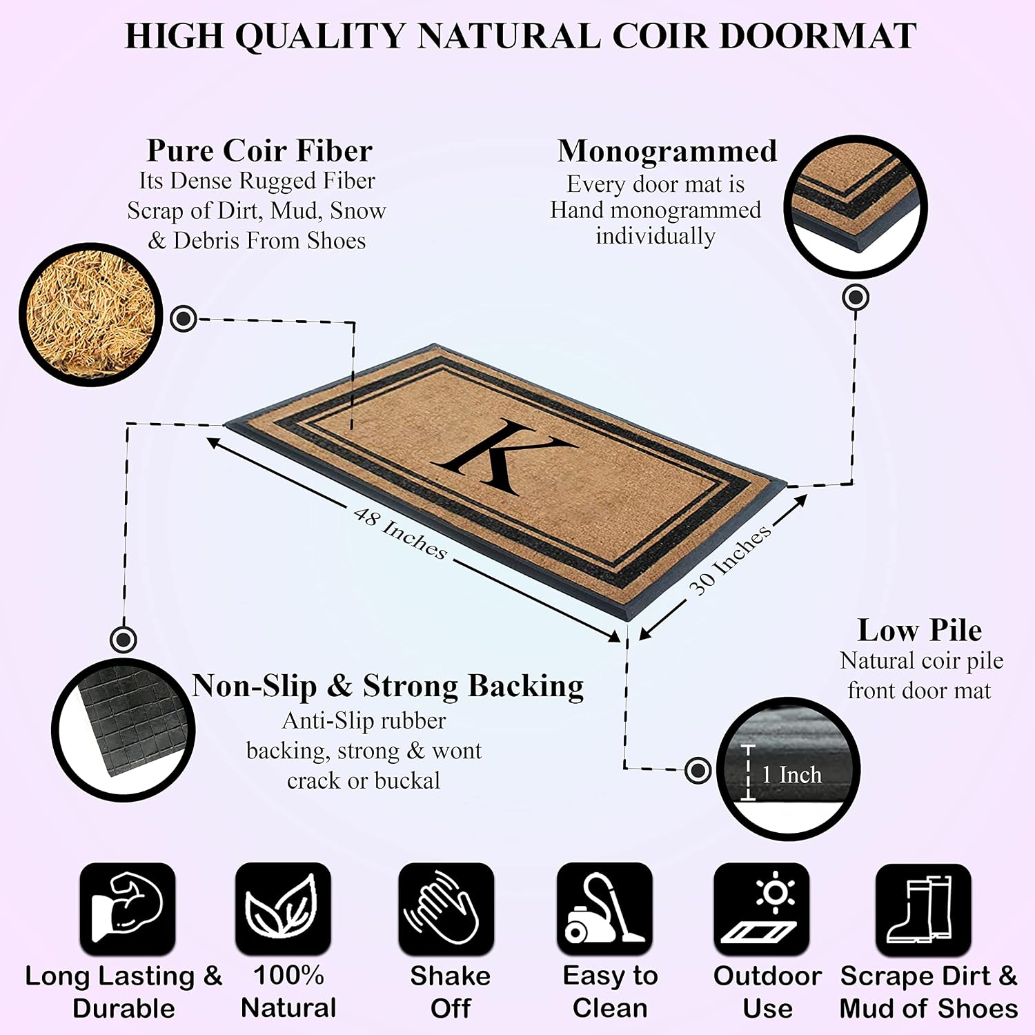 A1 Home Collections Natural Coir & Rubber Hand-Flocked Monogrammed Doormat - Heavy Duty Anti-Shedding Front Door Mat, Thick & Durable Entrance Mat - K, 30” x 48”