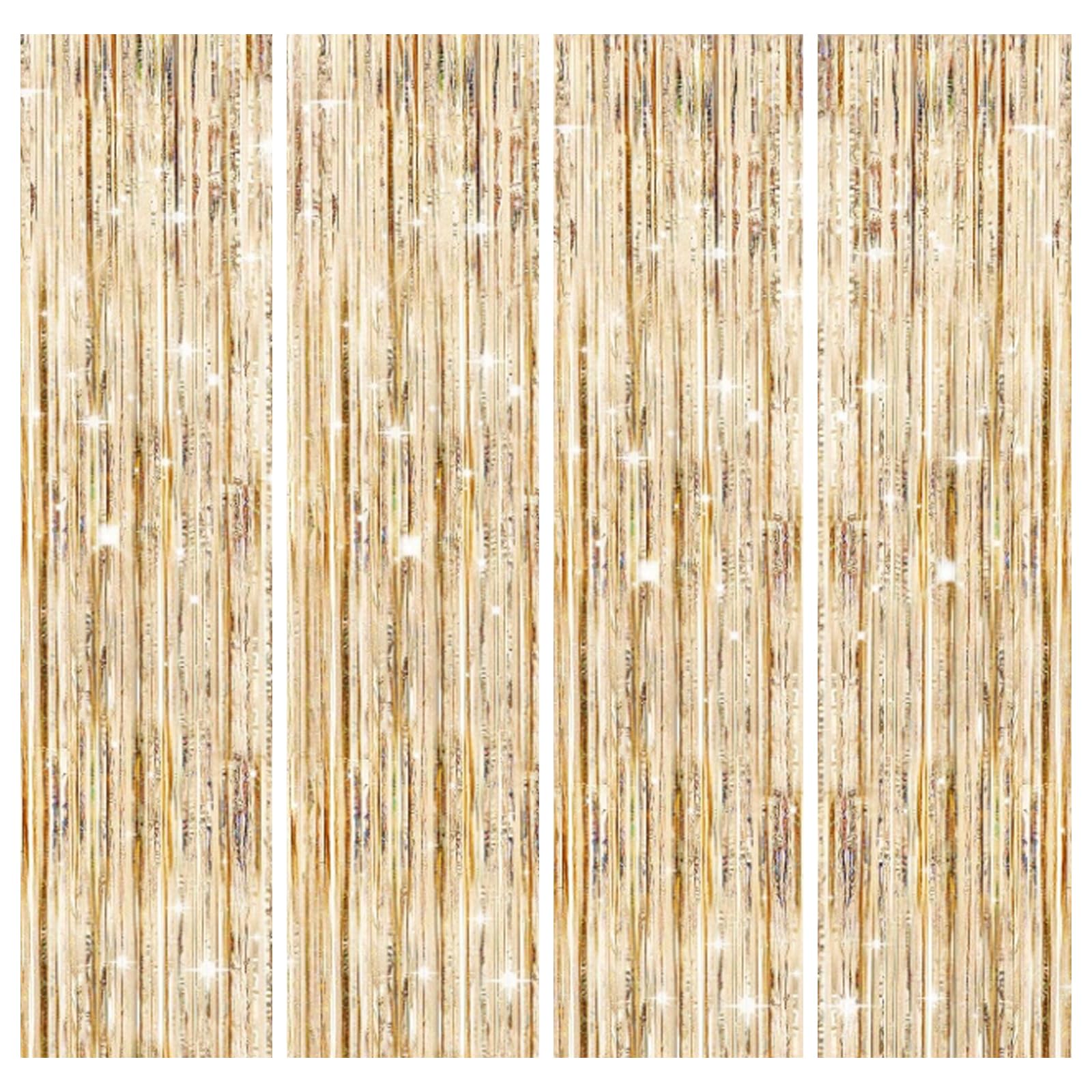 Mythanor 4pcs Champagne Foil Curtain, 3.2ft x 6.5ft Champagne Tinsel Curtains, Metallic Tinsel Streamers Backdrop, Laser Glitter Party Curtain, Tinsel Foil Fringe Curtains, Glitter Party Curtain