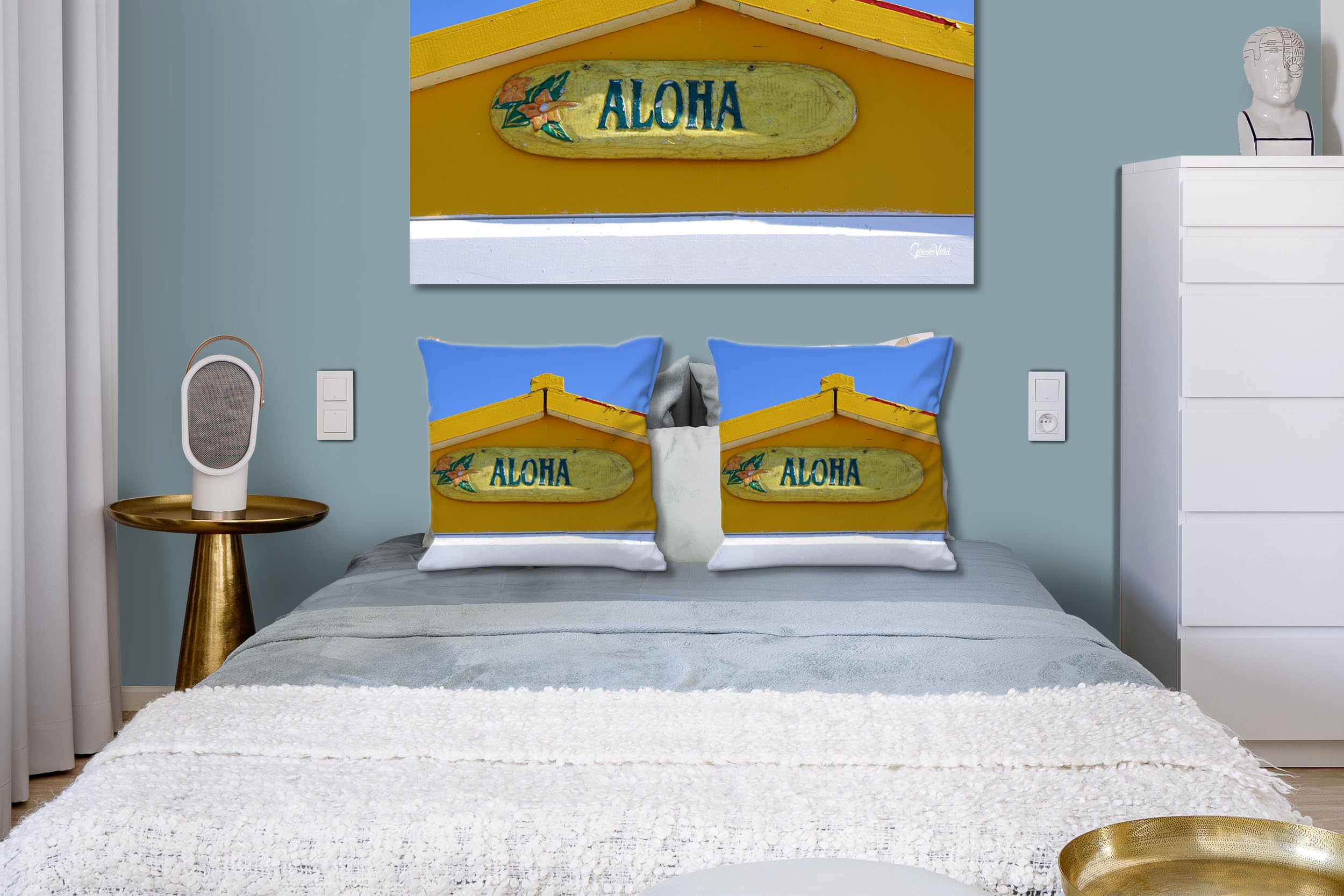 Giebel in gelb - Foto-Kissen-Hülle Set (2 STK.) 40 x 40 cm | Kissen-Bezüge - passend zu Wandbild - Deko-Kissen - Fischerhütte Haus Strand Meer