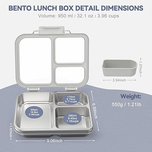 Miniatura 5 de Lonchera Bento de acero inoxidable para niños y adultos, lonchera metálica de 3 compartimentos con tapa transparente y silicona extraíble, lonchera