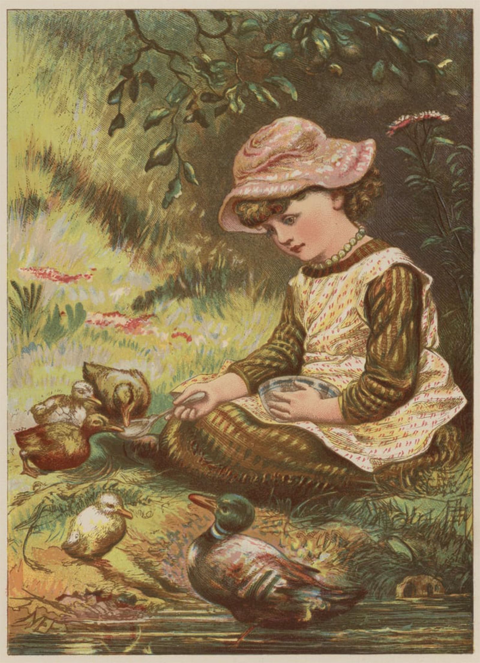 ARTXLXXBN Famous Art Print Poster Vintage Wall Art Girl Feeding Ducklings by Mary Ellen Edwards Canvas Art Poster for Home Decor 60x90cm