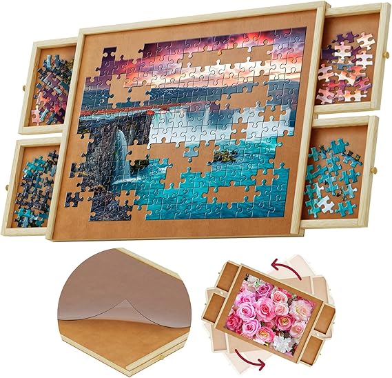 1000 Piece Wooden Jigsaw Puzzle Board 4 Drawers, Rotating Puzzle
