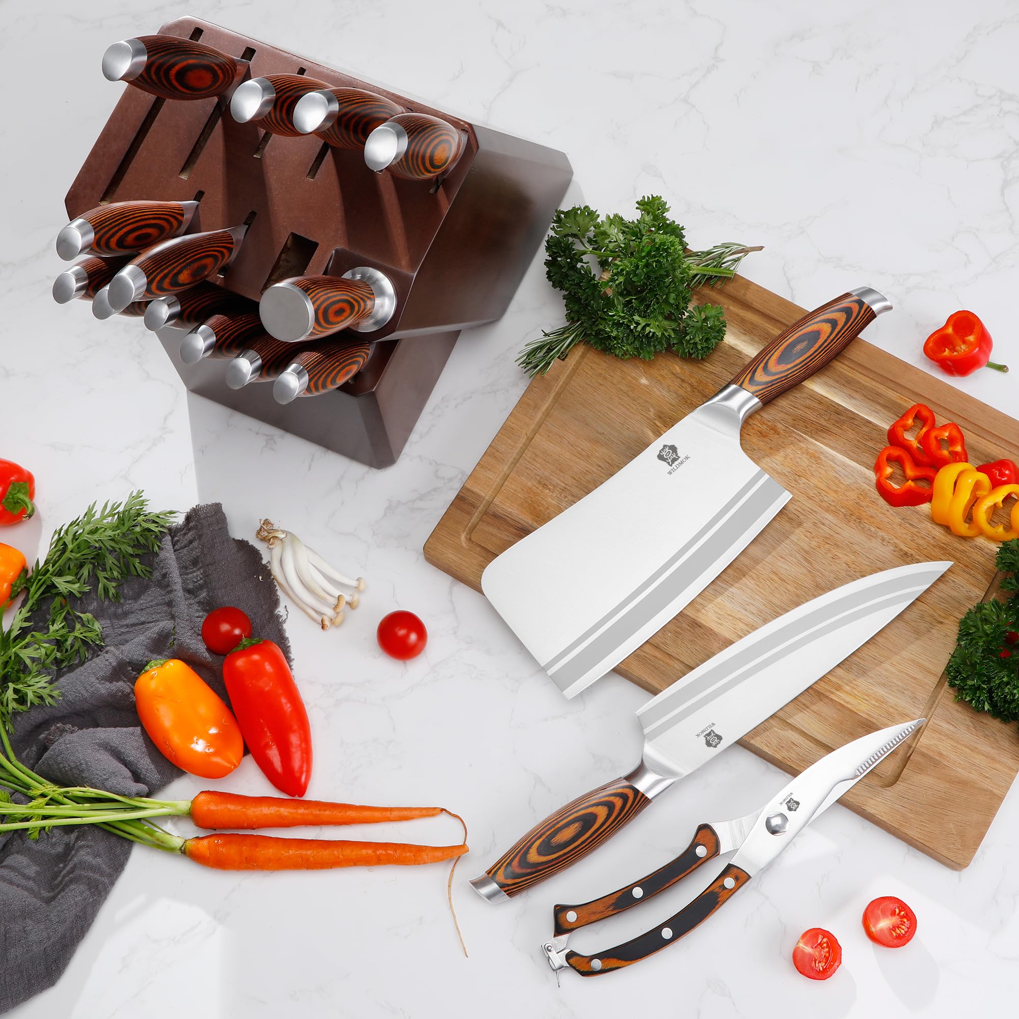 WILDMOK Juego de Cuchillos de Cocina de Acero Inoxidable Alemán Con Mango de Madera - 17 Piezas Con Cuchillo de Carne y Tijeras