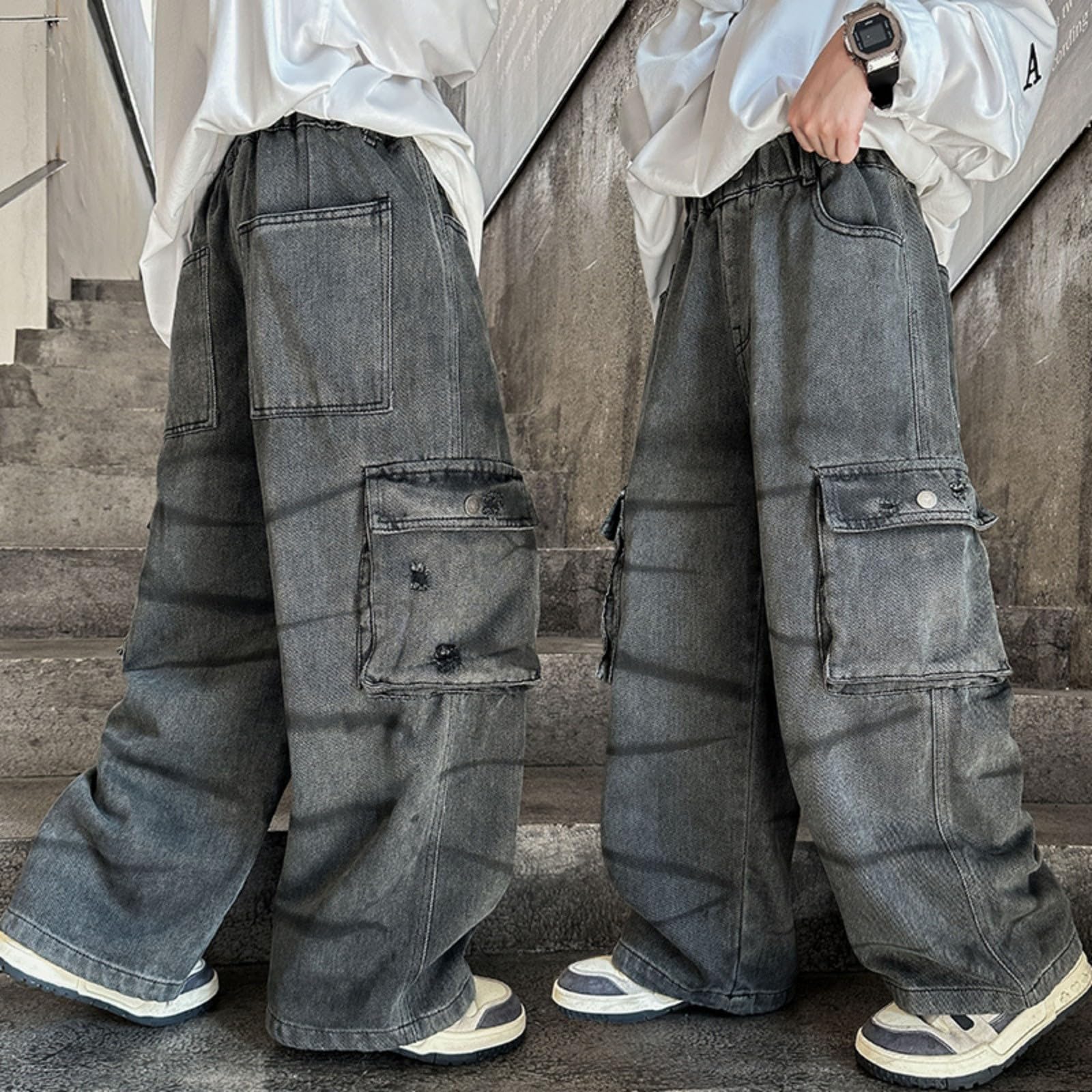 Pantalones Vaqueros de Niño, Pantalones Cargo con Cintura Elástica Corte Regular para Niños de 4 a 12 Años