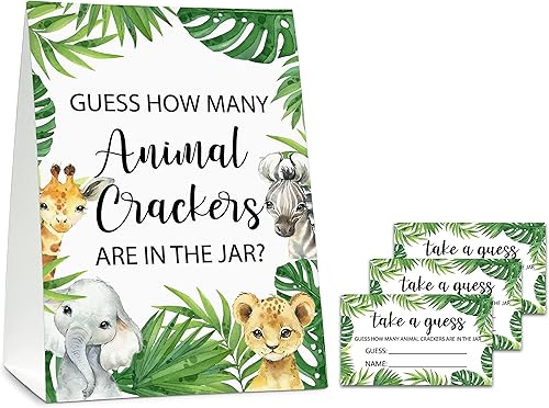 ISOVF Juego de Baby Shower Adivina Cuántos Galletas Animales, Animales de la Selva, Juego de Baby Shower con Tema de Safari - 1 Cartel de Pie y 50