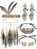 5 Pieces Indian Native American Jewelry Set Includes Feather Headdress Faux Peacock Feather Hair Band Boho Dream Catcher Dangle Earrings Choker Necklace Bracelet for Women Catcher Tassel
