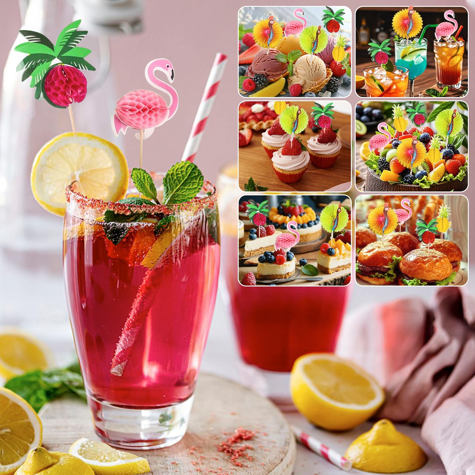 Decorazioni per Cocktail, 100 Pezzi Stuzzicadenti Decorativi, Stuzzicadenti Decorativi per Cocktail, Decorazione Torta Hawaiana, Cake Topper Tropicali, per Festa Spiaggia Hawaii