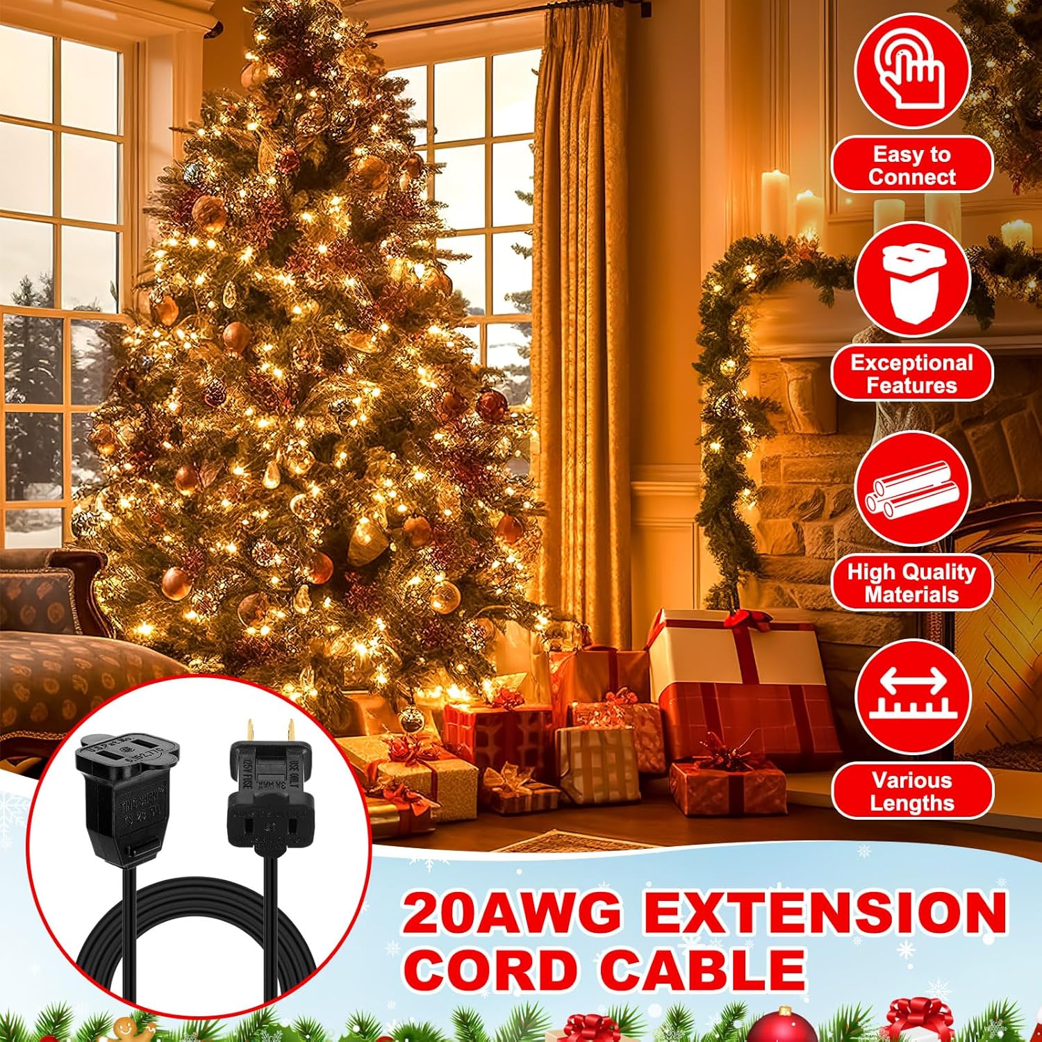 Yunsailing 12 Pack 2 Prong Extension Cords 3ft 6ft 9ft 12ft Assorted Lengths for Christmas Lights Indoor Outdoor 20AWG Polarized Power Extension Cable for Holiday String Lights Decorations(Black)