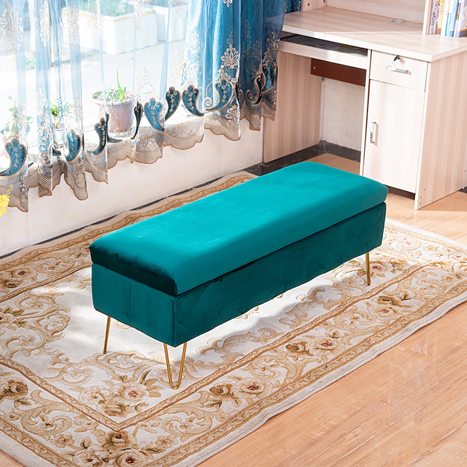 ZHANGshouf Velvet Upholstered Storage Bench with Tufted Footstool Modern Rectangular Ottoman for Entryway and Living Room Green 80x40x43cm