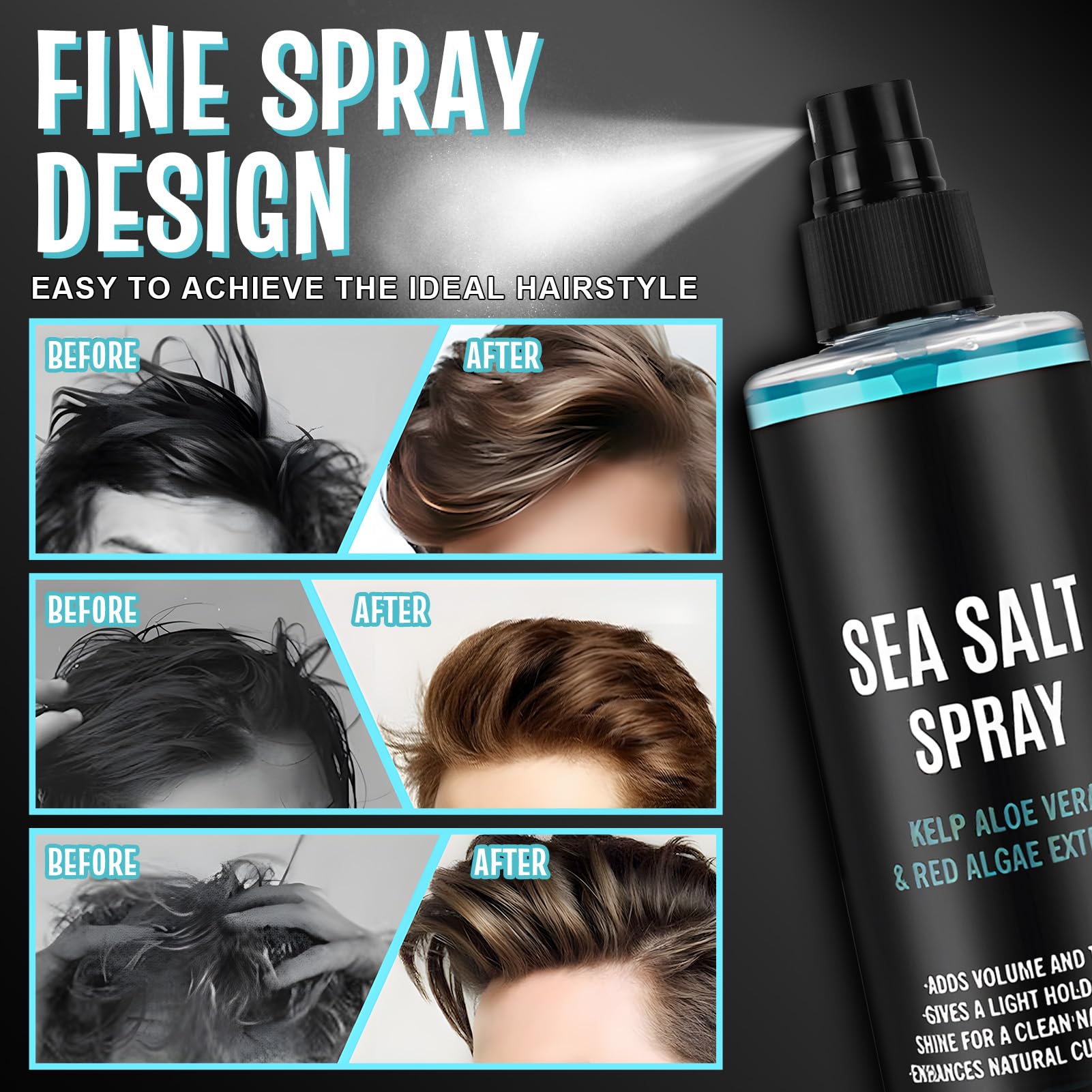 Spray Salino al Sale Marino, Acqua Marina per Capelli Uomo, Salt Spray Hair, Sea Salt Spray, Aggiunti Estratti di Alghe, Alghe Rosse e Aloe Vera, 240 ML