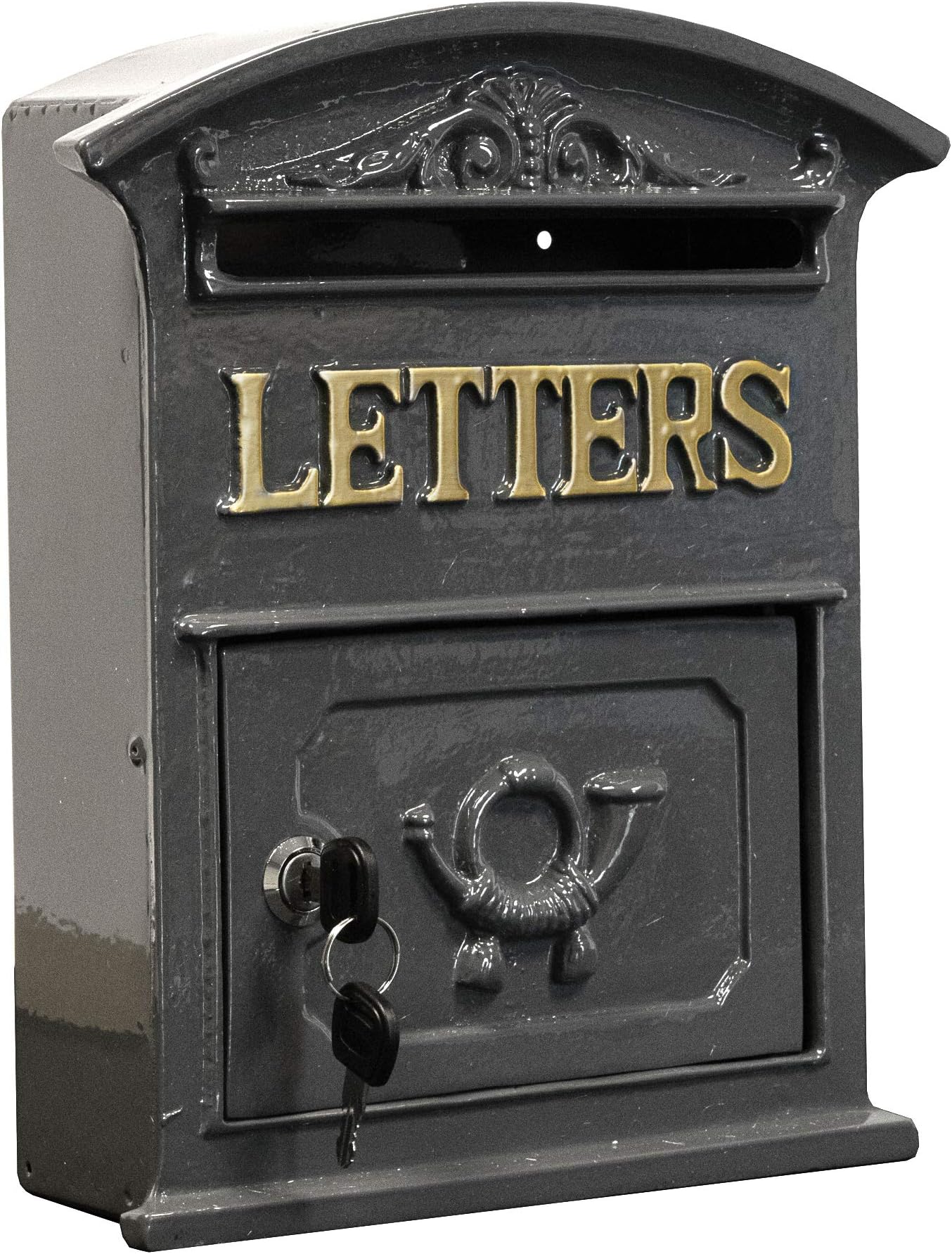 Aljec Grey Post Box Outdoor Lockable Wall Mounted Letterbox Vintage Style Mailbox With Gold Lettering Easy To Install