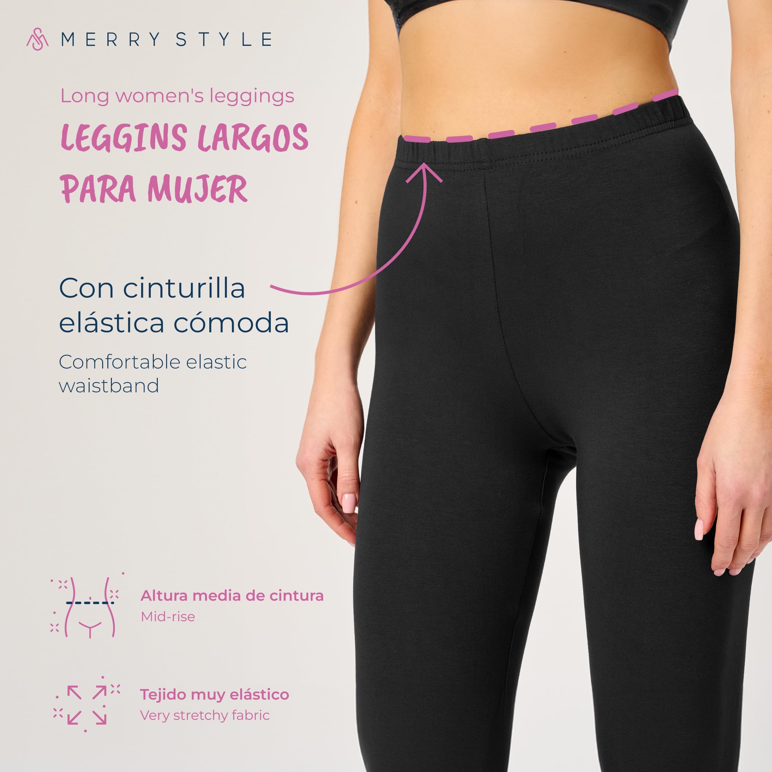Merry Style Leggins Deportivos Mujer – Ropa Deportiva Mujer con Cintura Media, Leggings Flexibles, Suaves y Transpirables para Gimnasio, Pilates o Uso Diario MS10-143 (Negro/Negro/Negro, XXL)