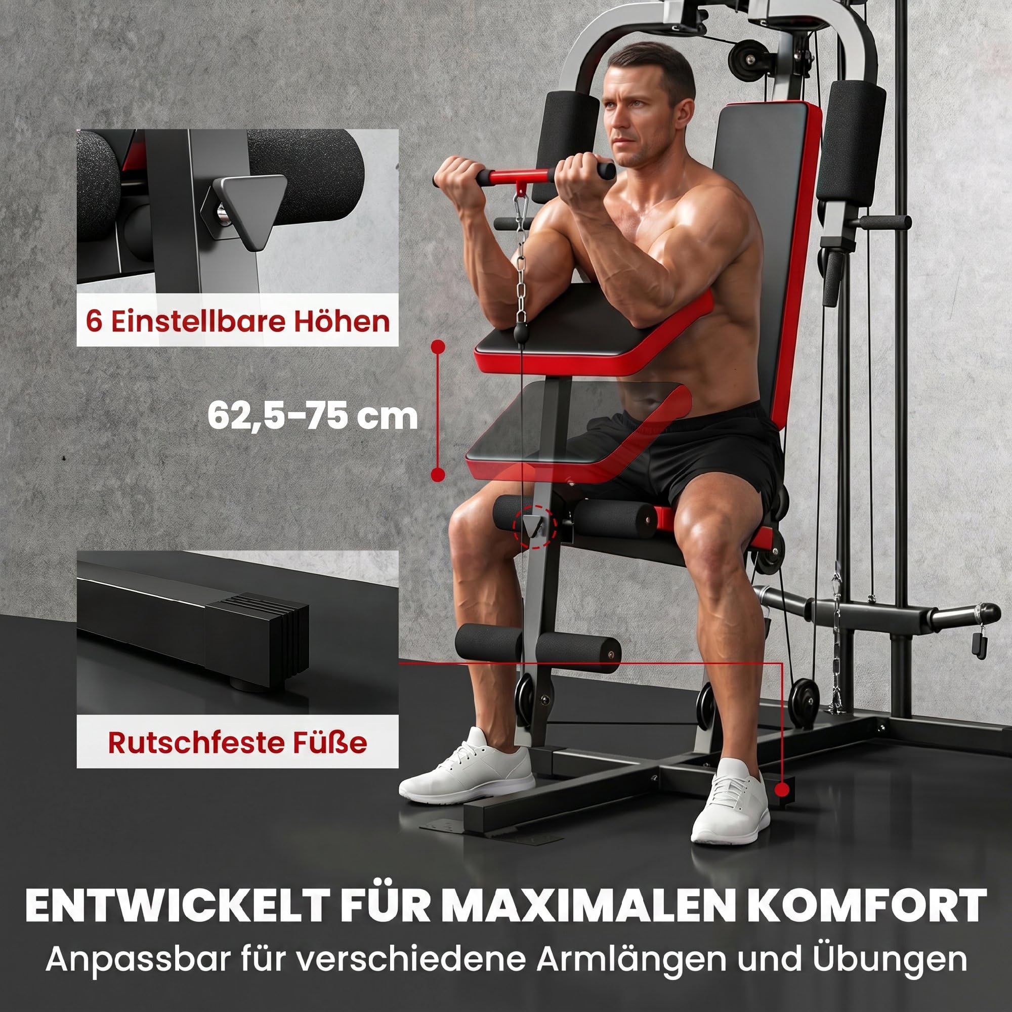 SPORTNOW Kraftstation Fitnessstation mit Latzug, Butterflystange, verstellbar Preacher Bank, Beintrainer, Multifunktion Homegym Multistation bis 120kg Fitnessgerät für Zuhause Schwarz+Rot