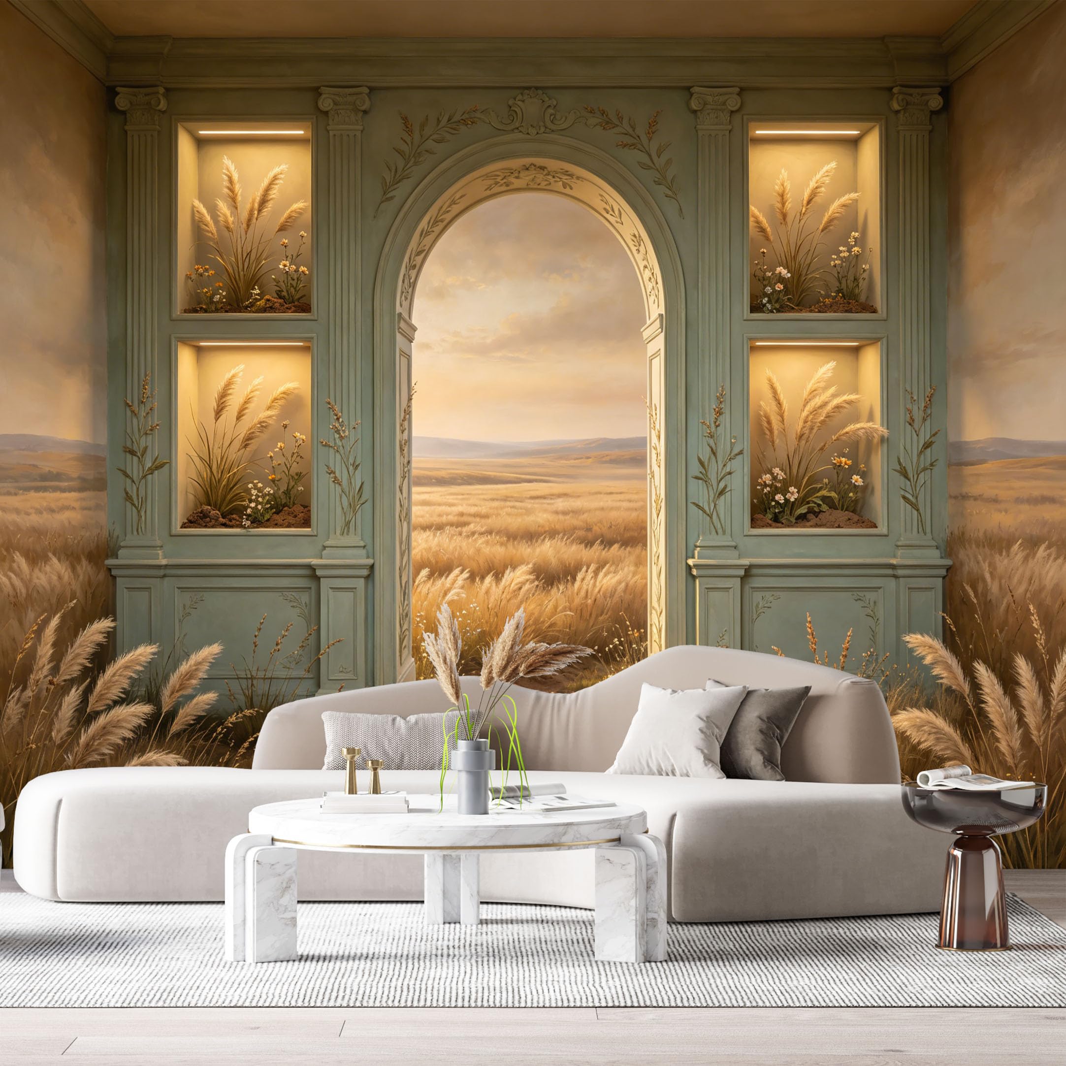 Custom Size Wall Murals Neoclassical Archway Golden Field Sunset 3D Trompe L'Oeil SelfAdhesiveWall Fabric Removable Wallpaper Wall Decor for Living Room Bedroom Bathroom